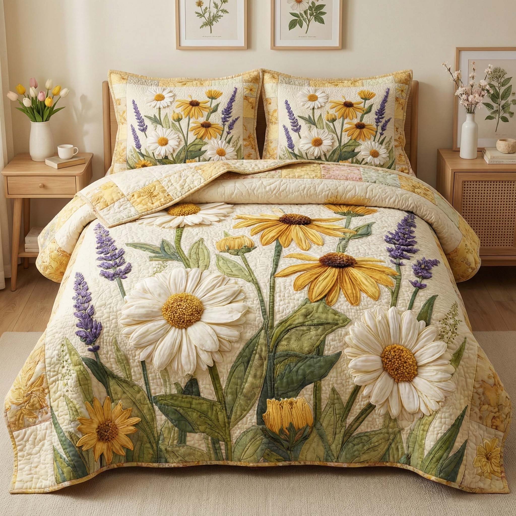 Sunny Daisies Quilted Bedding Set Rustic Lifestyle Coverlet Set Room Gift For Her