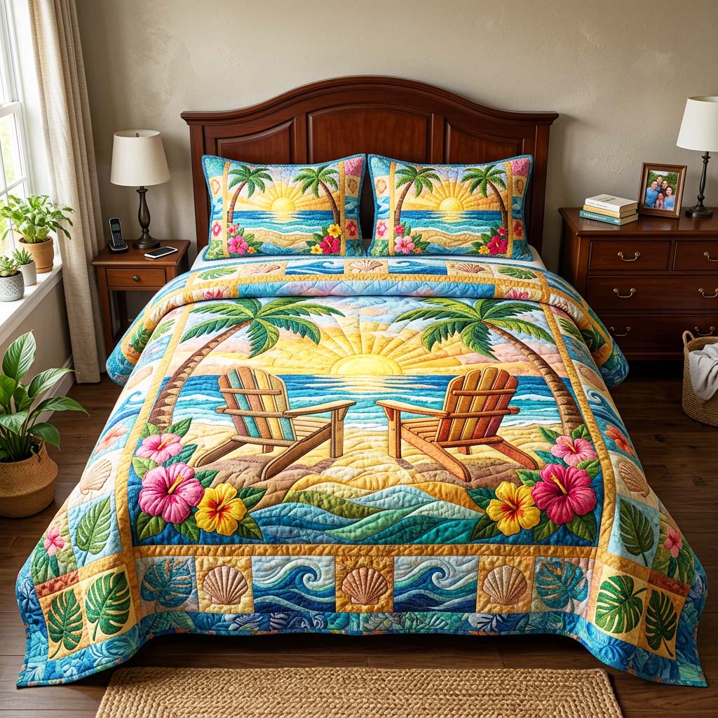 Sunset Beach Quilted Bedding Set Coastal Serenity Coverlet Set Decor Gift