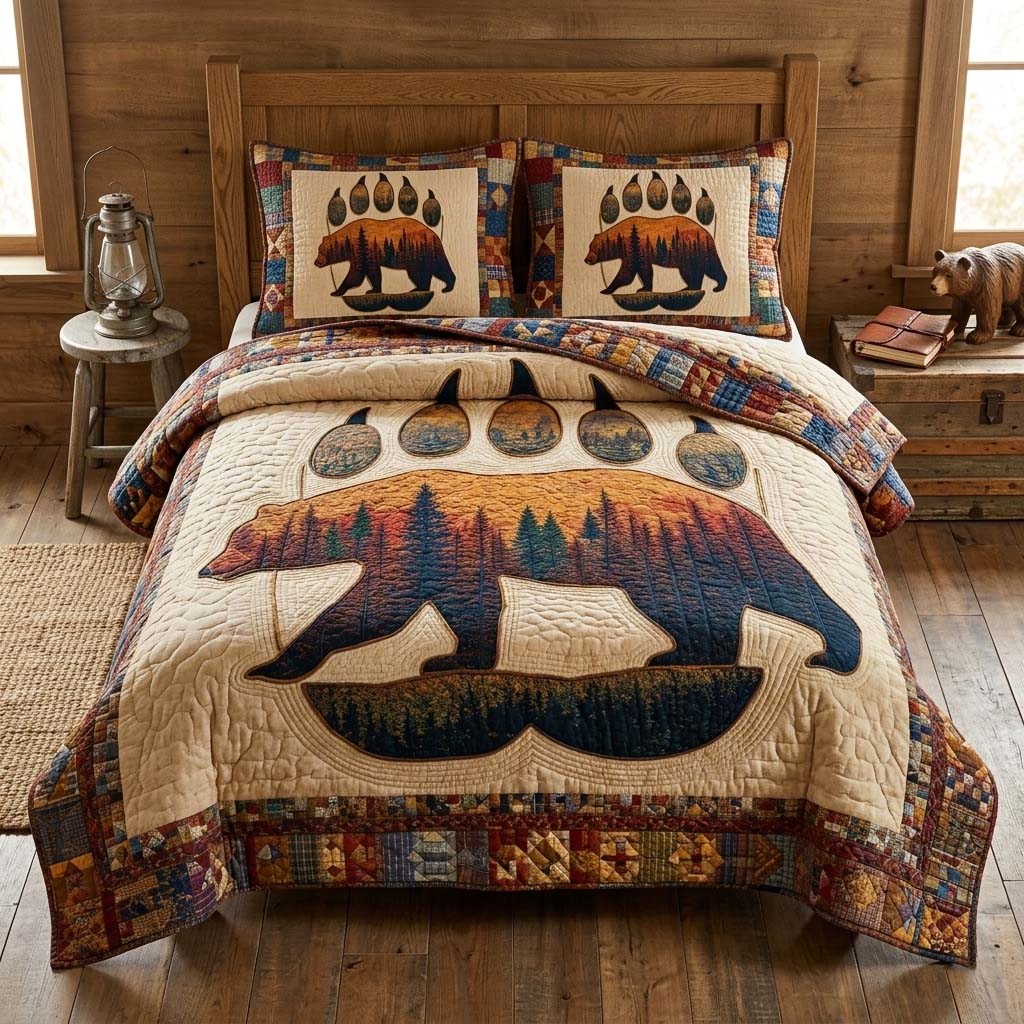 Sunset Bear Quilted Bedding Set Bear Lover Coverlet Set Best Housewarming Gift Ideas