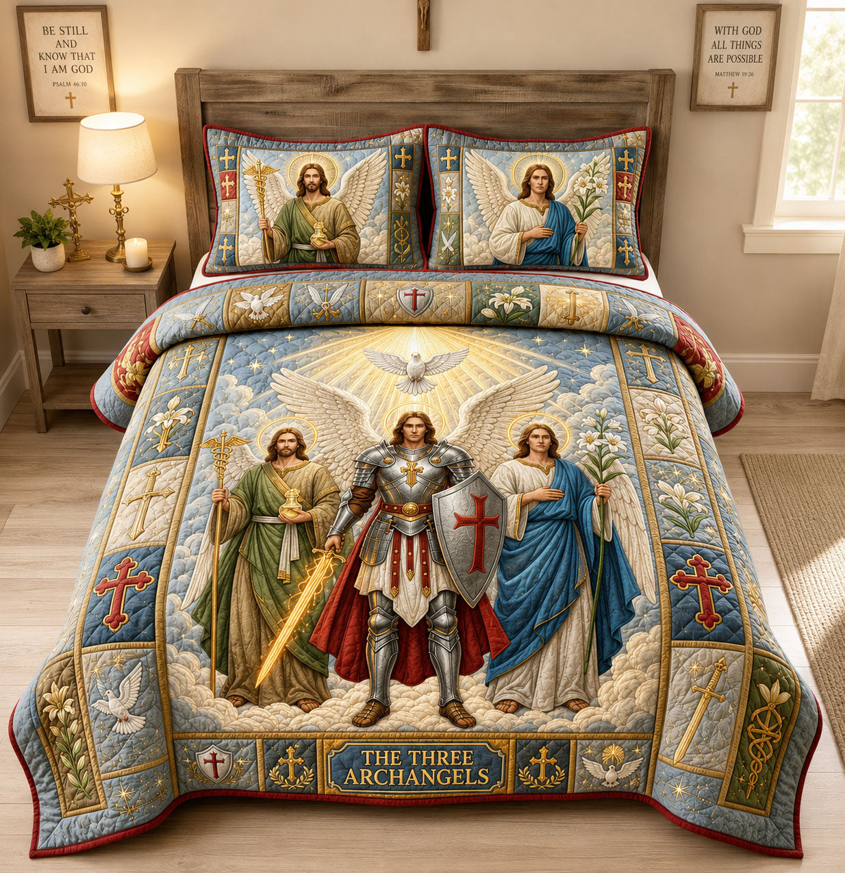 Three Holy Archangels Quilted Bedding Set Holy Archangels Coverlet Set Cozy Gift
