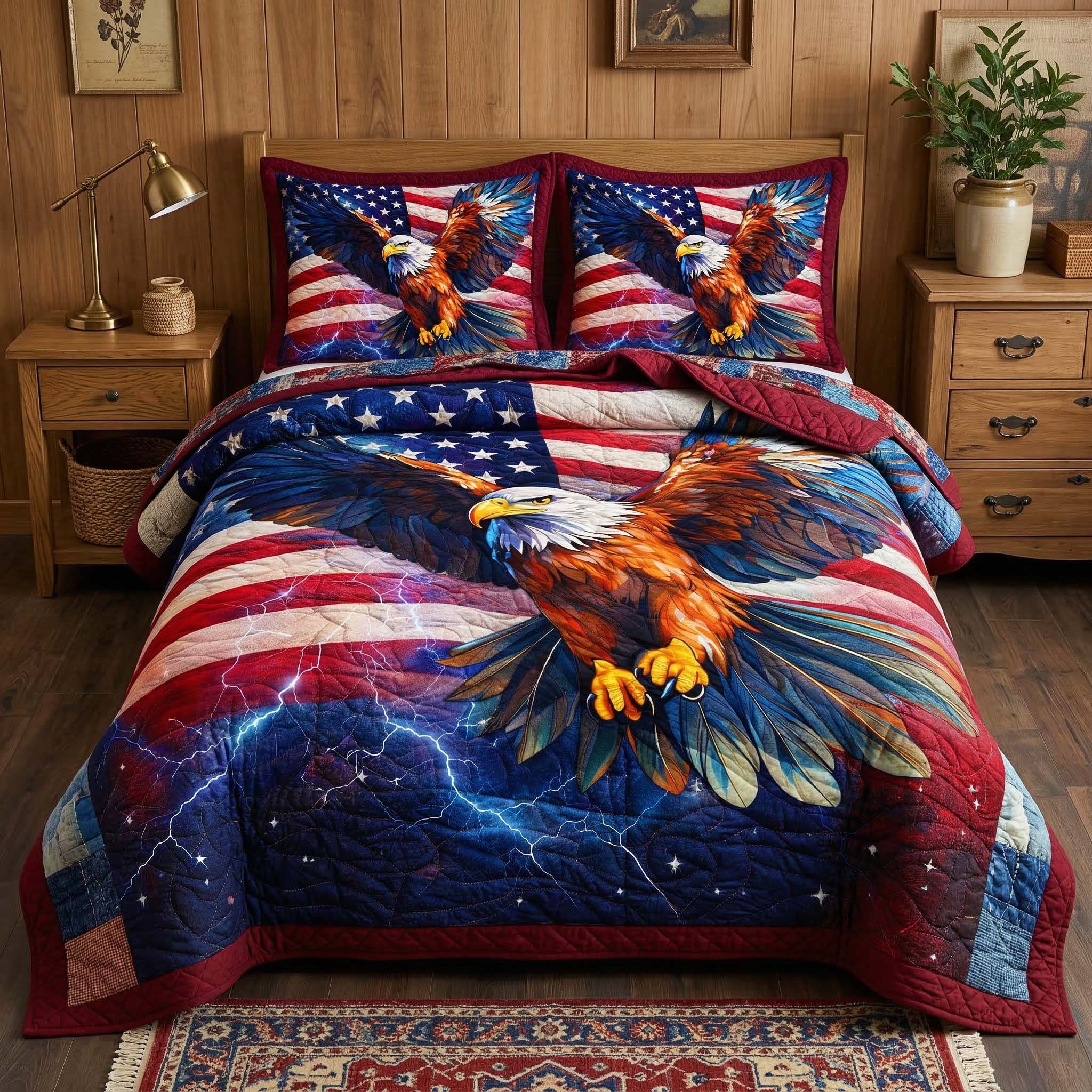 Thunder Eagle Quilted Bedding Set Eagle Lover Coverlet Set Housewarming Gift Ideas