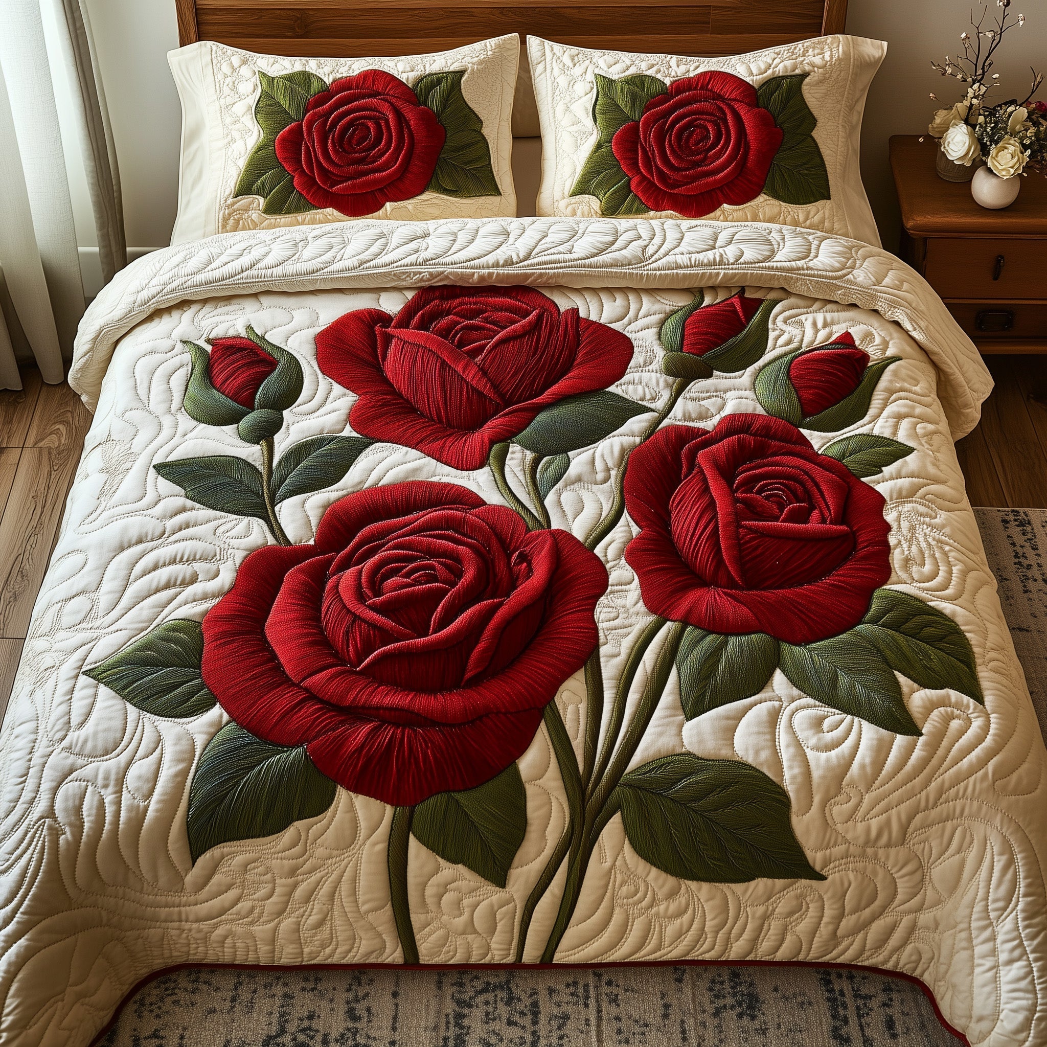 Timeless Scarlet Bloom Quilted Bedding Set Floral Garden Coverlet Set Perfect Gift Idea