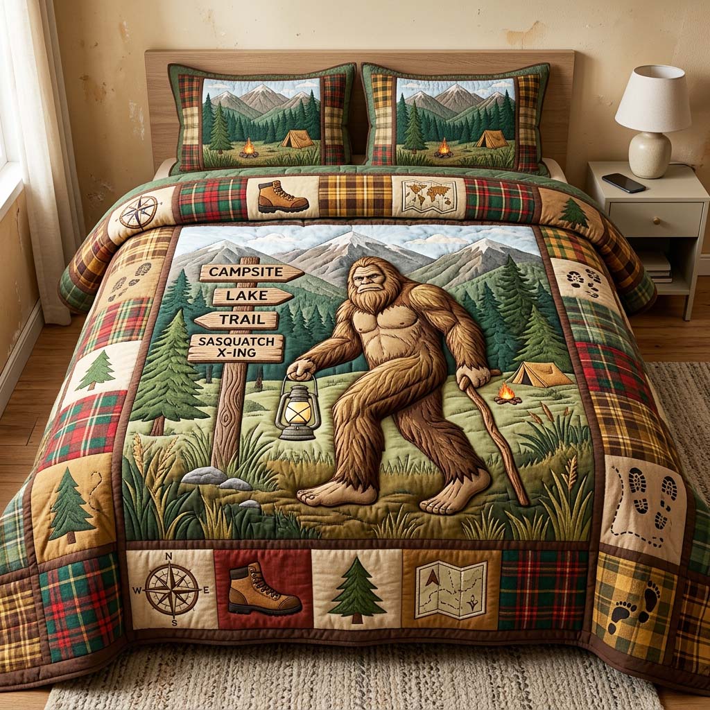 Trail Bigfoot Quilted Bedding Set Bigfoot Lover Coverlet Set Room Decor Ideas