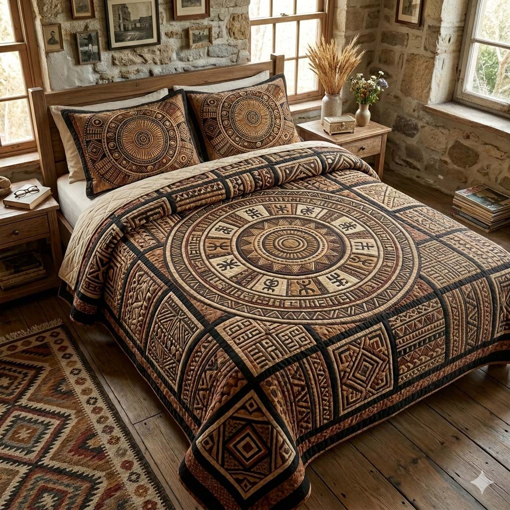 Tribal Circle Quilted Bedding Set African Heritage Coverlet Set Present For House Lovers