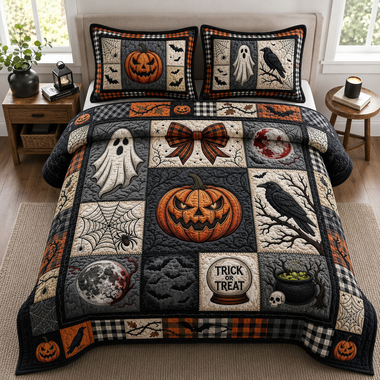 Trick Or Treat Quilted Bedding Set Halloween Pumpkin Coverlet Set Home Decor Gift Ideas