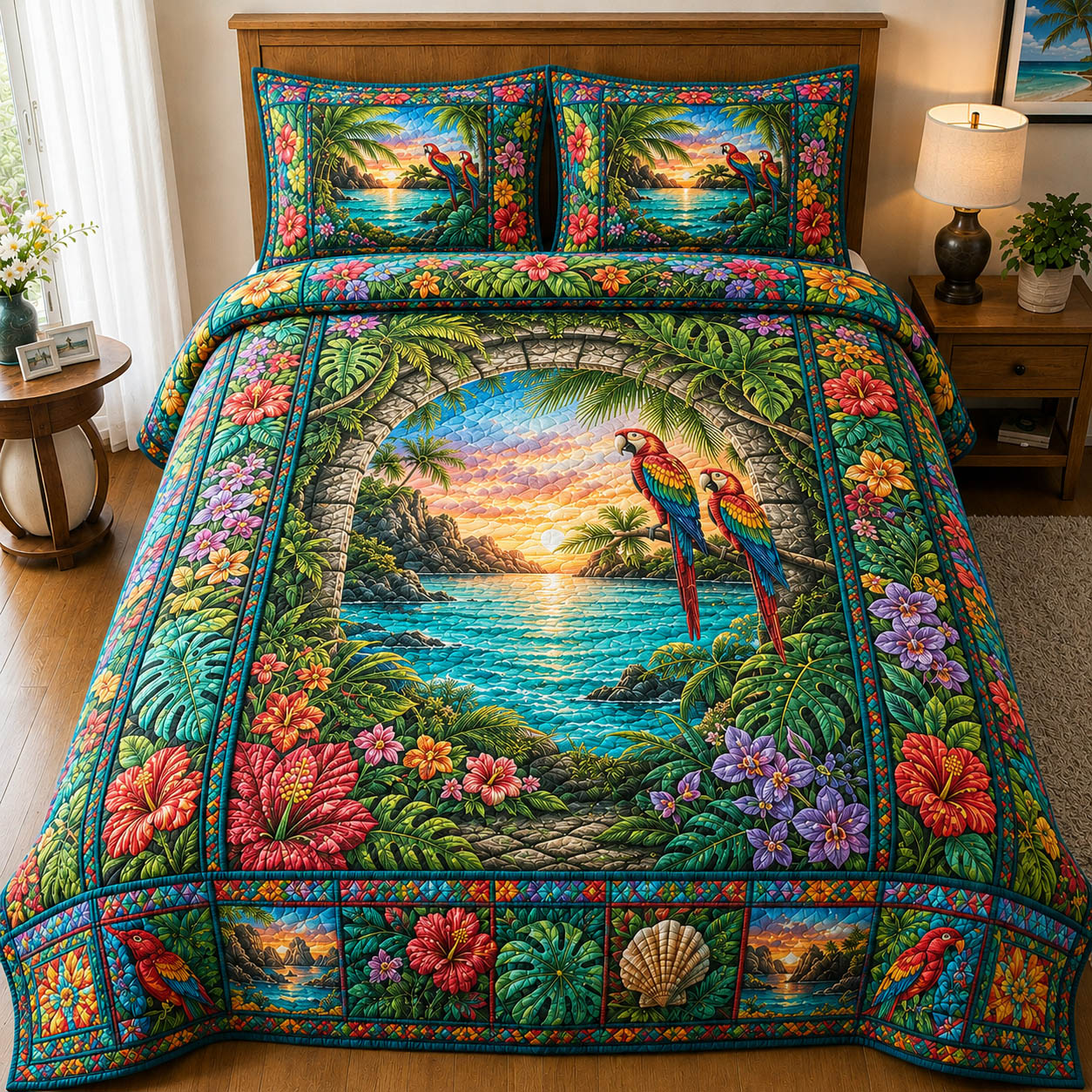 Tropical Beach Quilted Bedding Set Coastal Serenity Coverlet Set New Gift