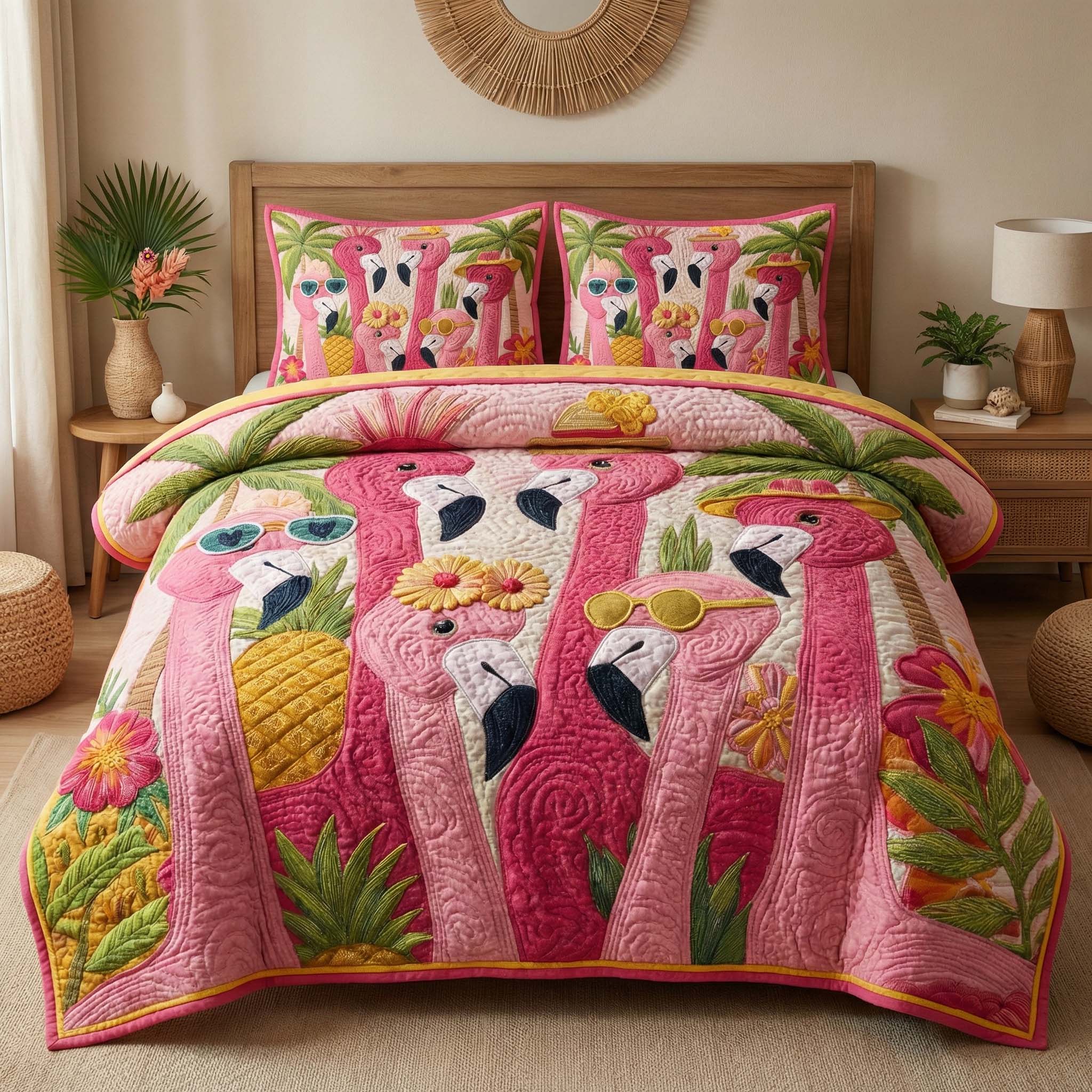 Tropical Flamingos Quilted Bedding Set Flamingo Lover Coverlet Set Trendy Room Decor