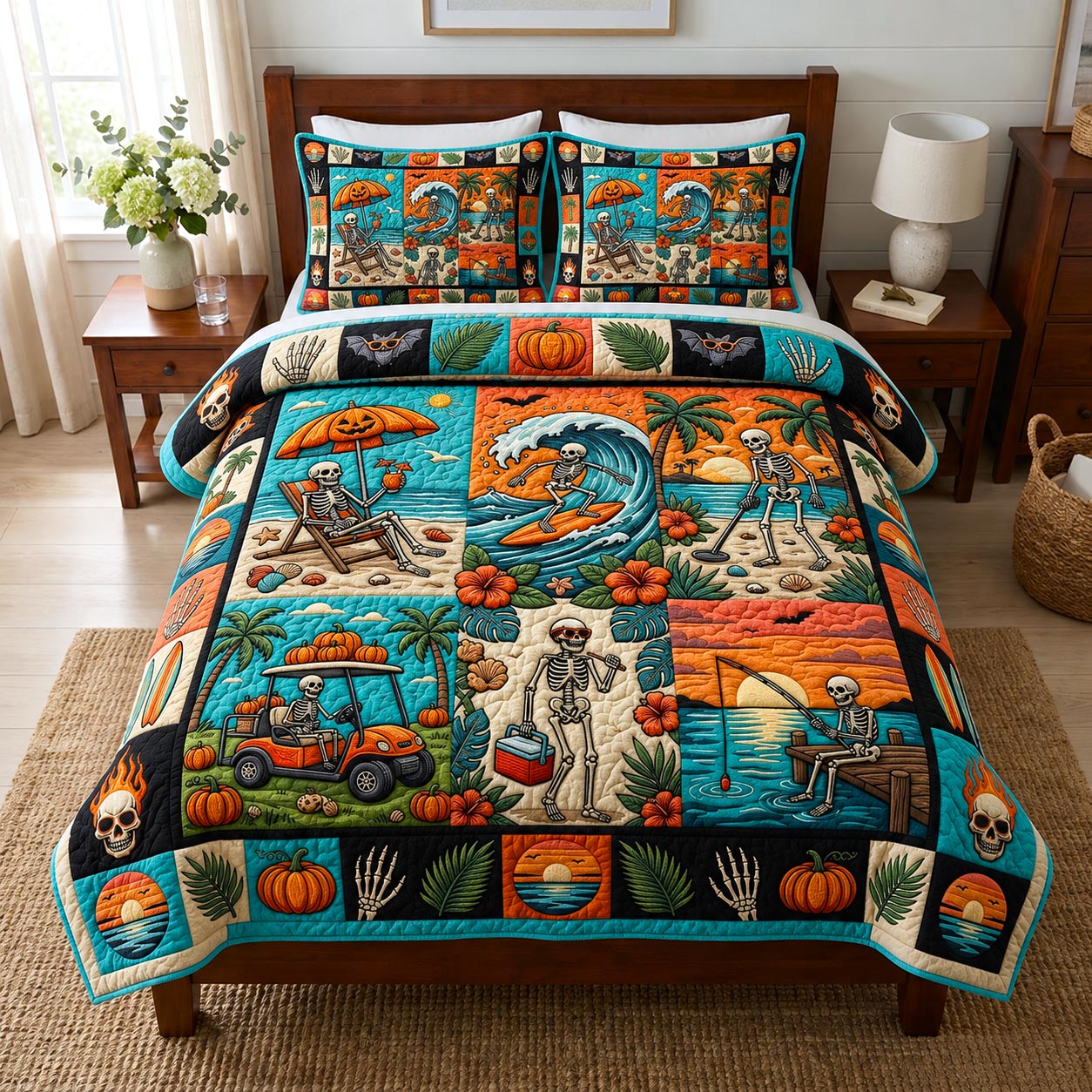Tropical Haunt Quilted Bedding Set Halloween Pumpkin Coverlet Set Interior Design Gift Ideas