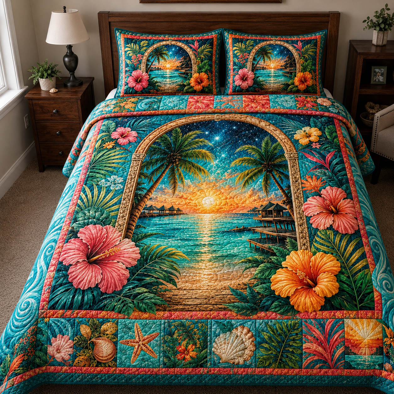 Tropical Sunset Quilted Bedding Set Coastal Serenity Coverlet Set Gift For Home Decor