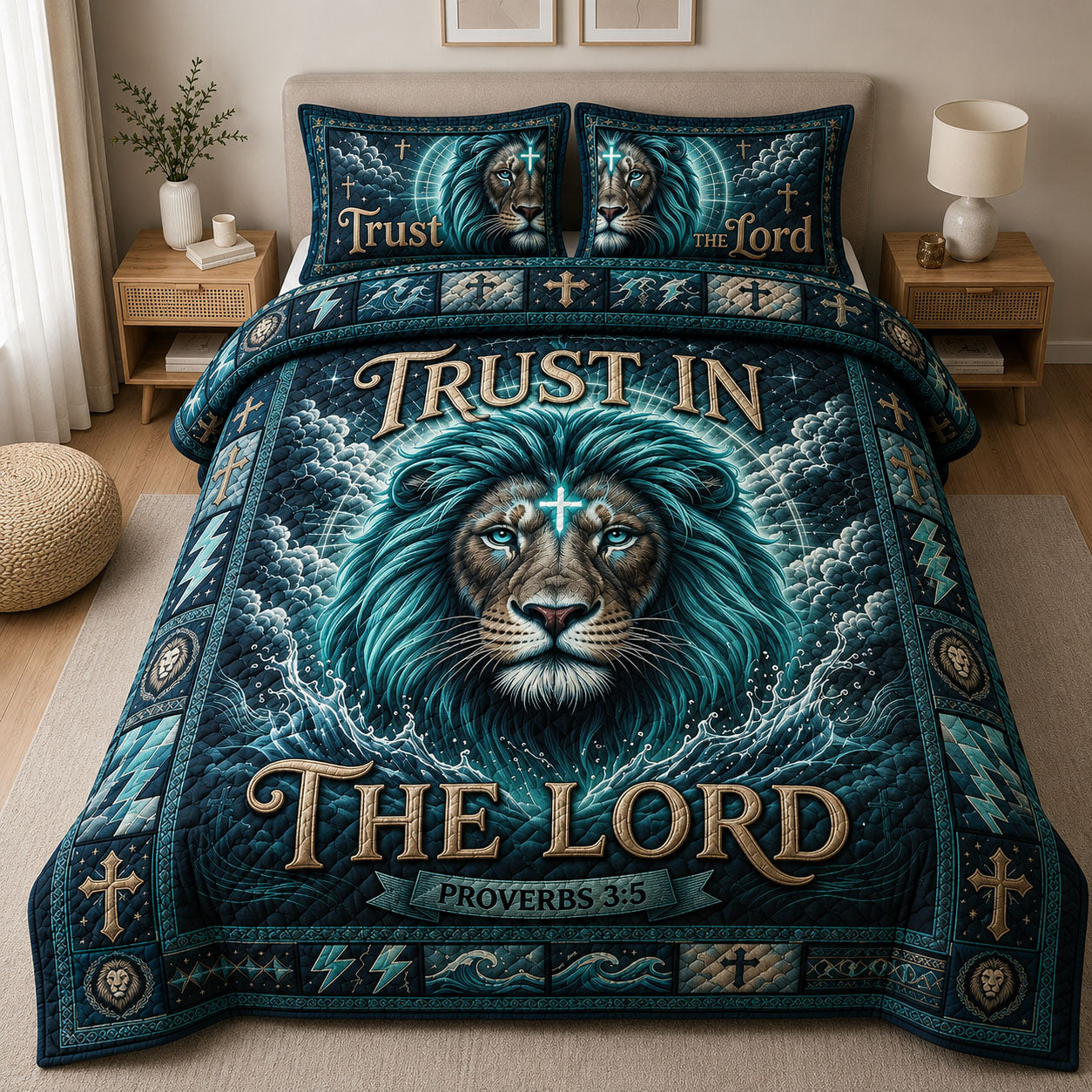 Trust In The Lord Quilted Bedding Set Christian Faith Coverlet Set Best Room Decor Gifts