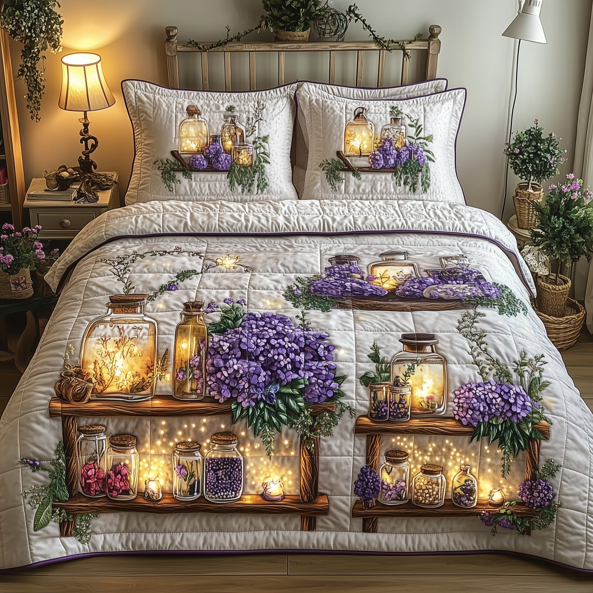 Twilight Garden Quilted Bedding Set Floral Garden Coverlet Set Cozy Home Decor