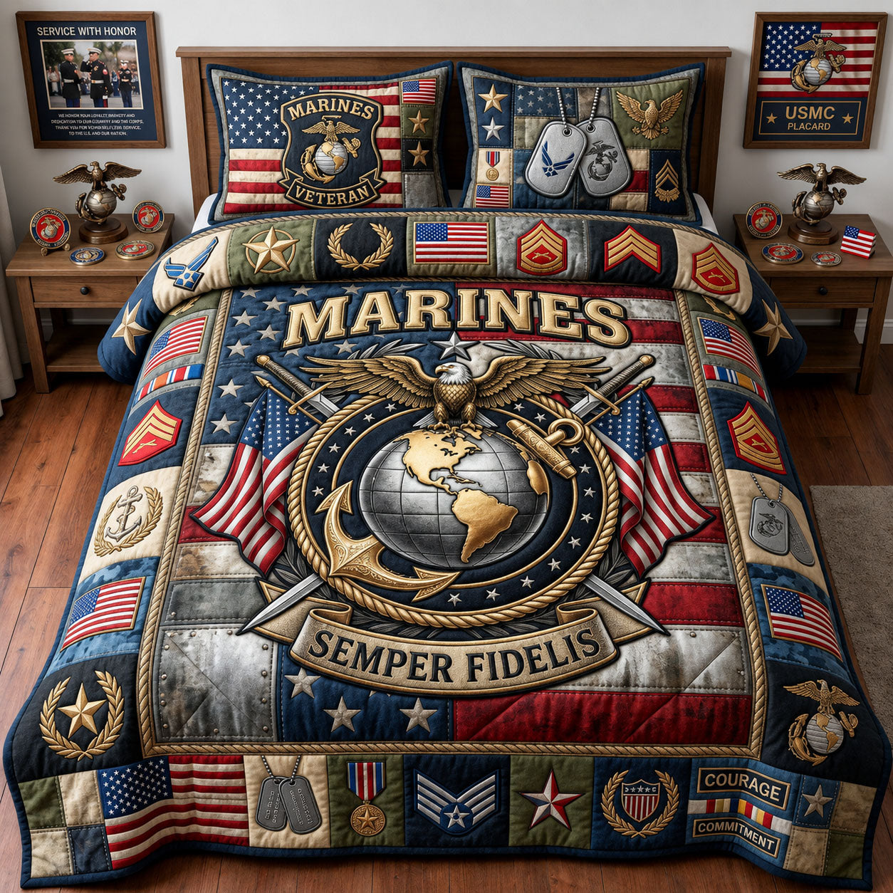 US Marine Corps Quilted Bedding Set Military Patriotic Coverlet Set Perfect Housewarming Gift