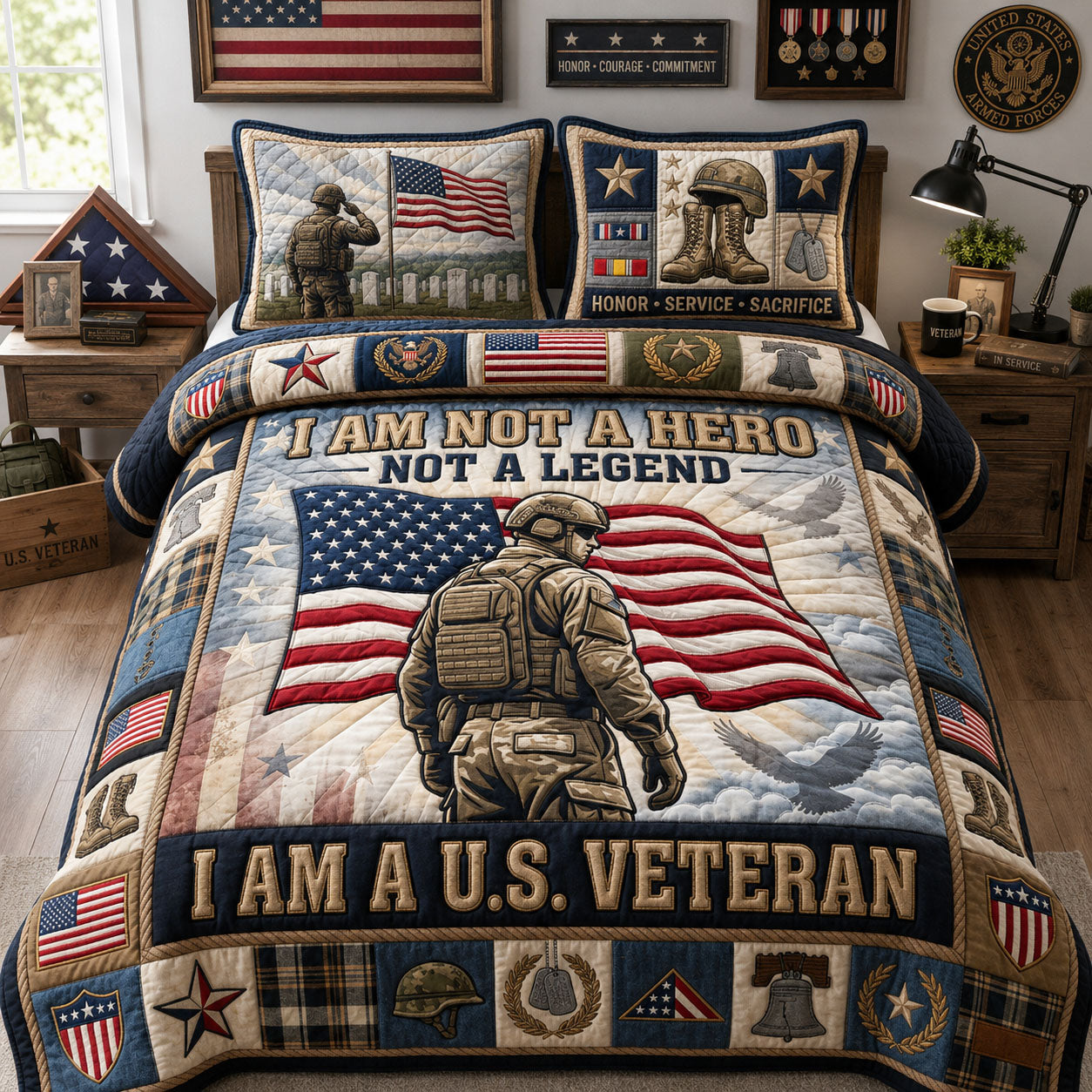 US Veteran Quilted Bedding Set Military Patriotic Coverlet Set Great Home Decor Finds
