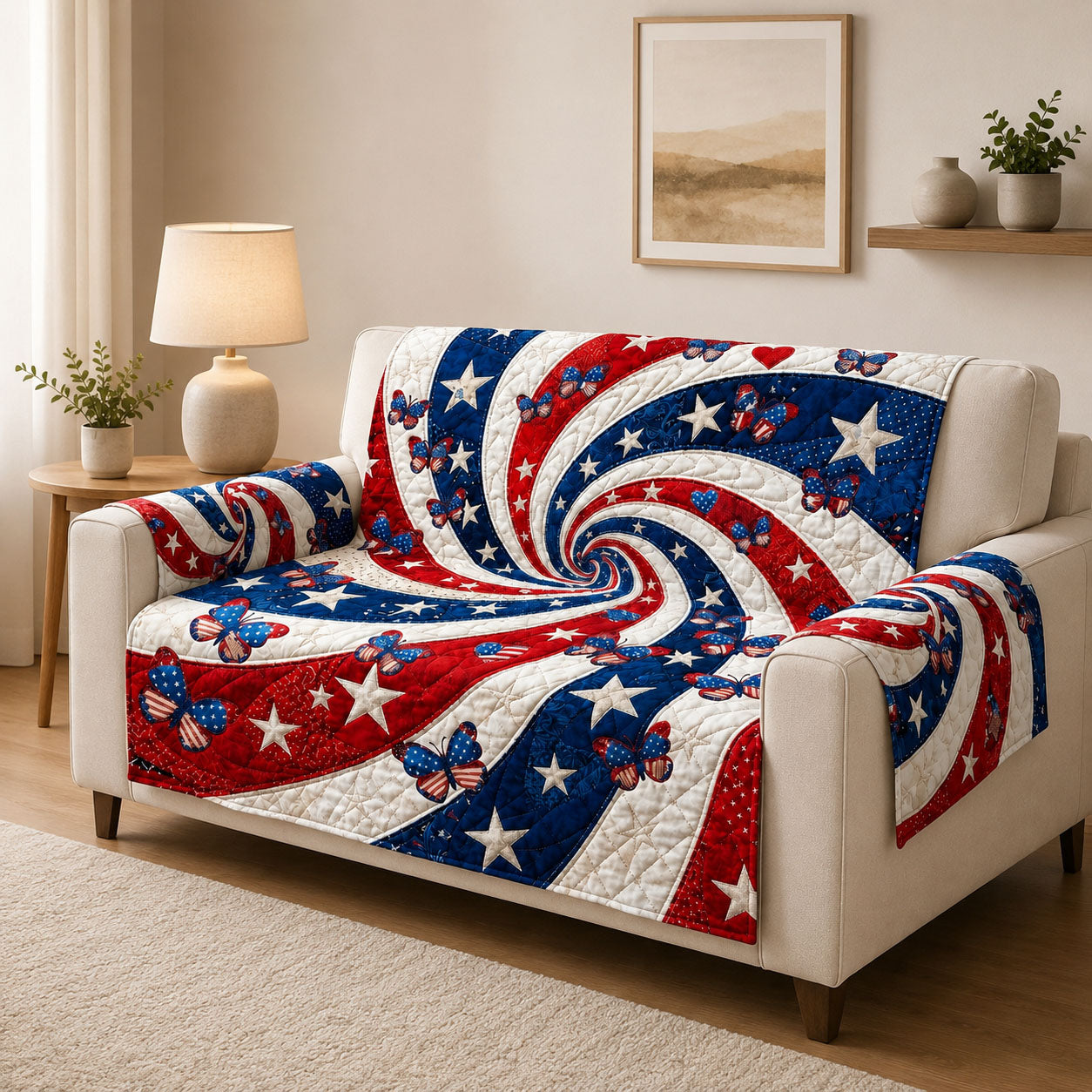 USA Flag Butterfly Quilted Sofa Cover Usa Flag Quilted Couch Cover Cozy Housewarming Gift Ideas