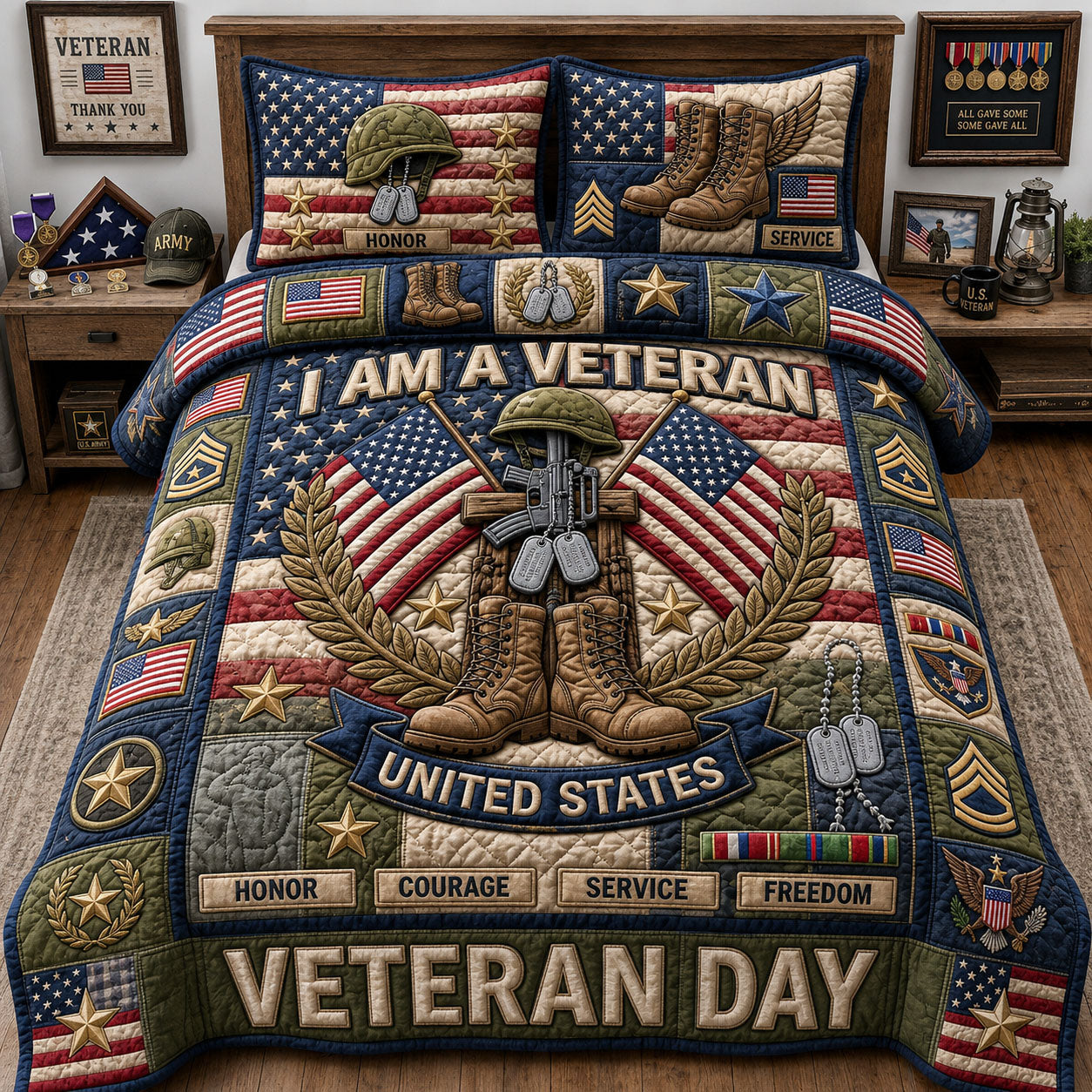 Veteran Day Quilted Bedding Set Military Patriotic Coverlet Set Room Gift For Her