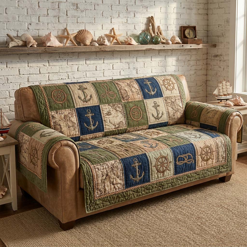 Vintage Nautical Quilted Sofa Cover Coastal Serenity Quilted Couch Cover Gift Ideas
