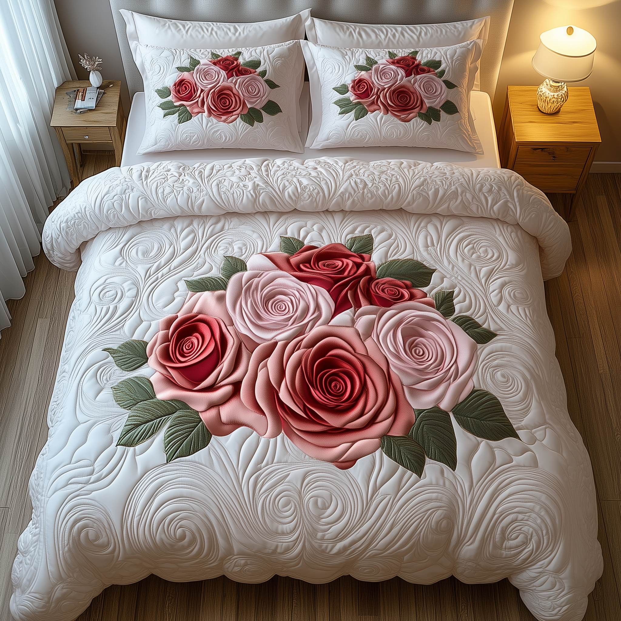 Vintage Roses Quilted Bedding Set Floral Garden Coverlet Set Trendy Gift