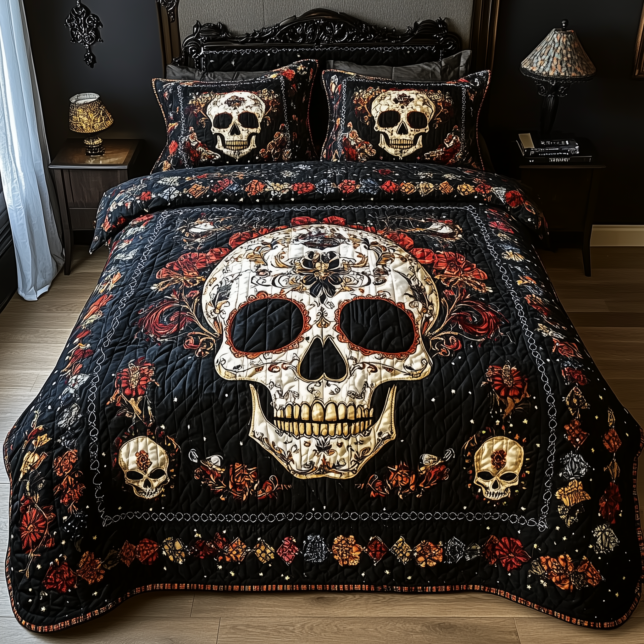Vintage Skull Quilted Bedding Set Gothic Halloween Coverlet Set Top Gift