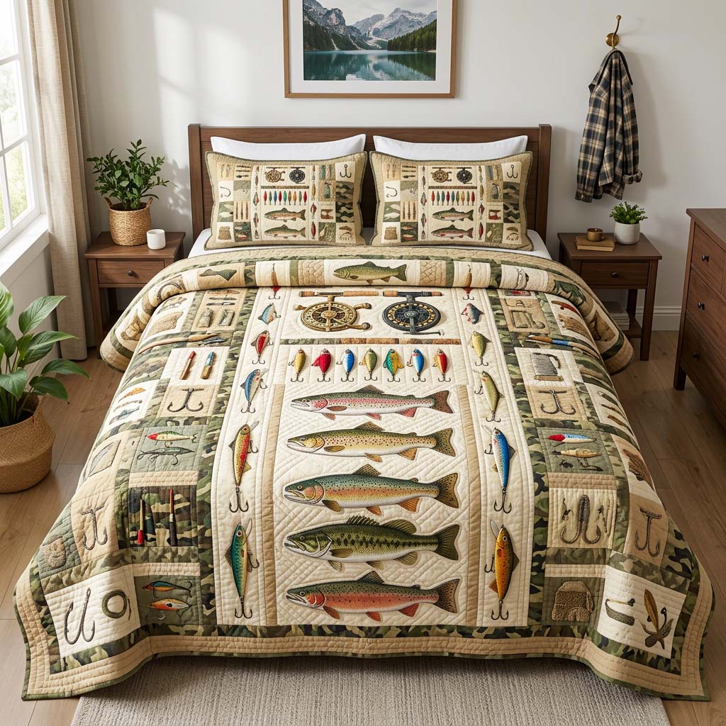 Vintage Tackle Quilted Bedding Set Fishing Lifestyle Coverlet Set Top Gift