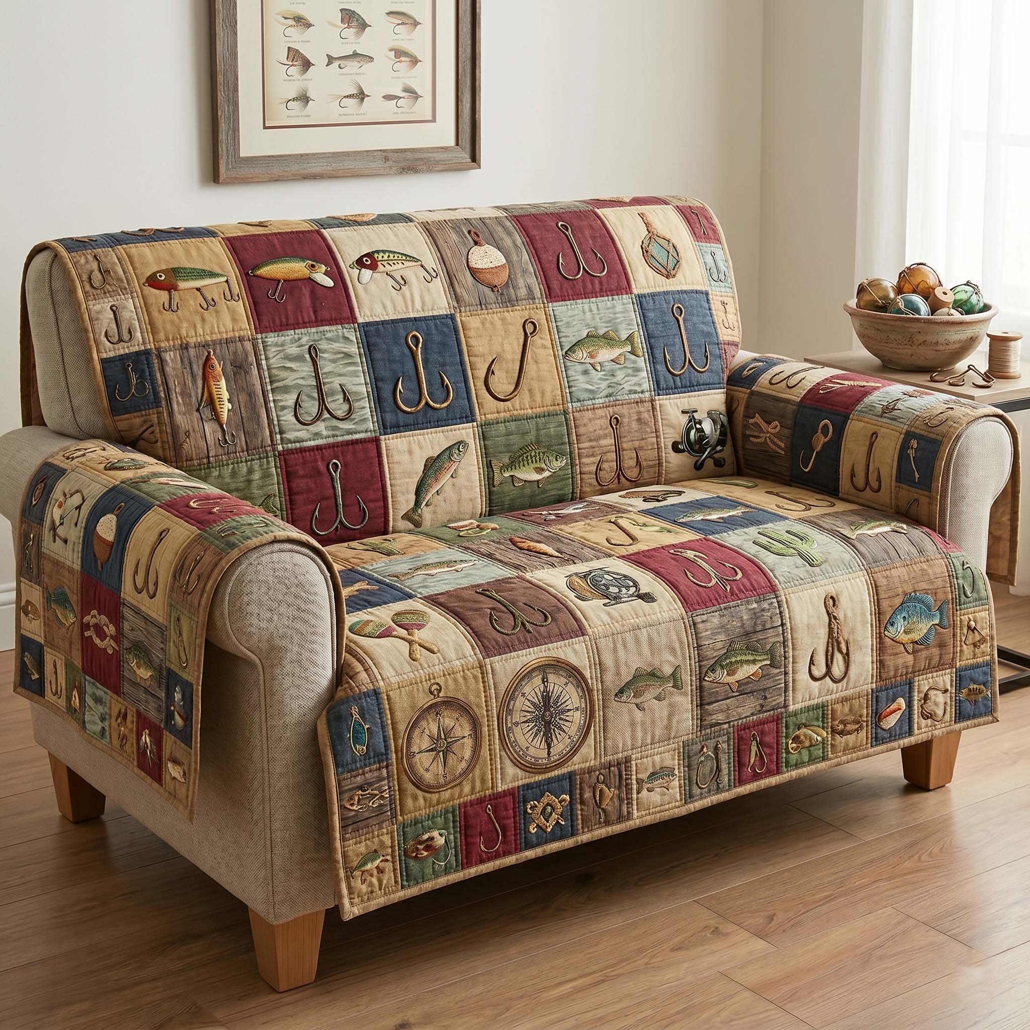 Vintage Tackle Quilted Sofa Cover Vintage Tackle Quilted Couch Cover Cozy Living Gift Ideas
