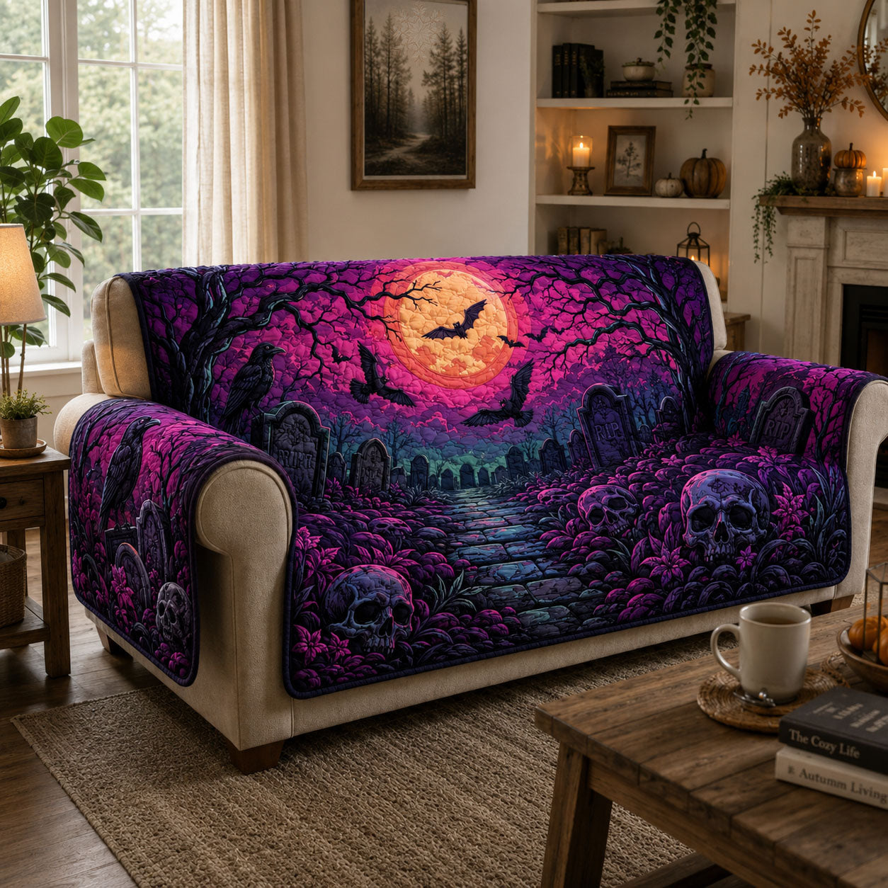 Violet Graveyard Moon Quilted Sofa Cover Celestial Dreams Quilted Couch Cover Unique Gift