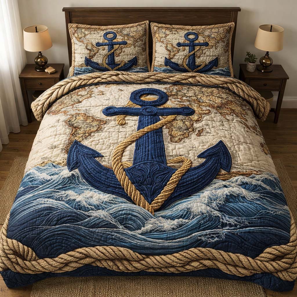 Voyage Anchor Quilted Bedding Set Nautical Anchor Coverlet Set Cozy Living Gift Ideas