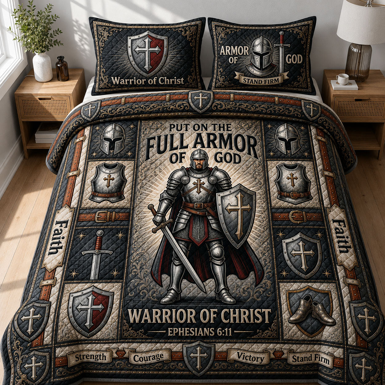 Warrior Of Christ Quilted Bedding Set Christian Warrior Coverlet Set Room Gift For Him