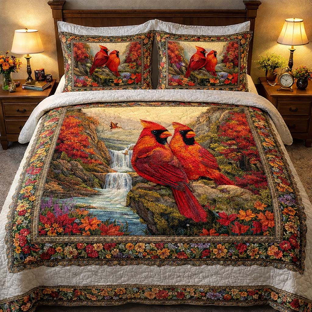 Waterfall Haven Cardinals Quilted Bedding Set Cardinal Lover Coverlet Set Unique Gift
