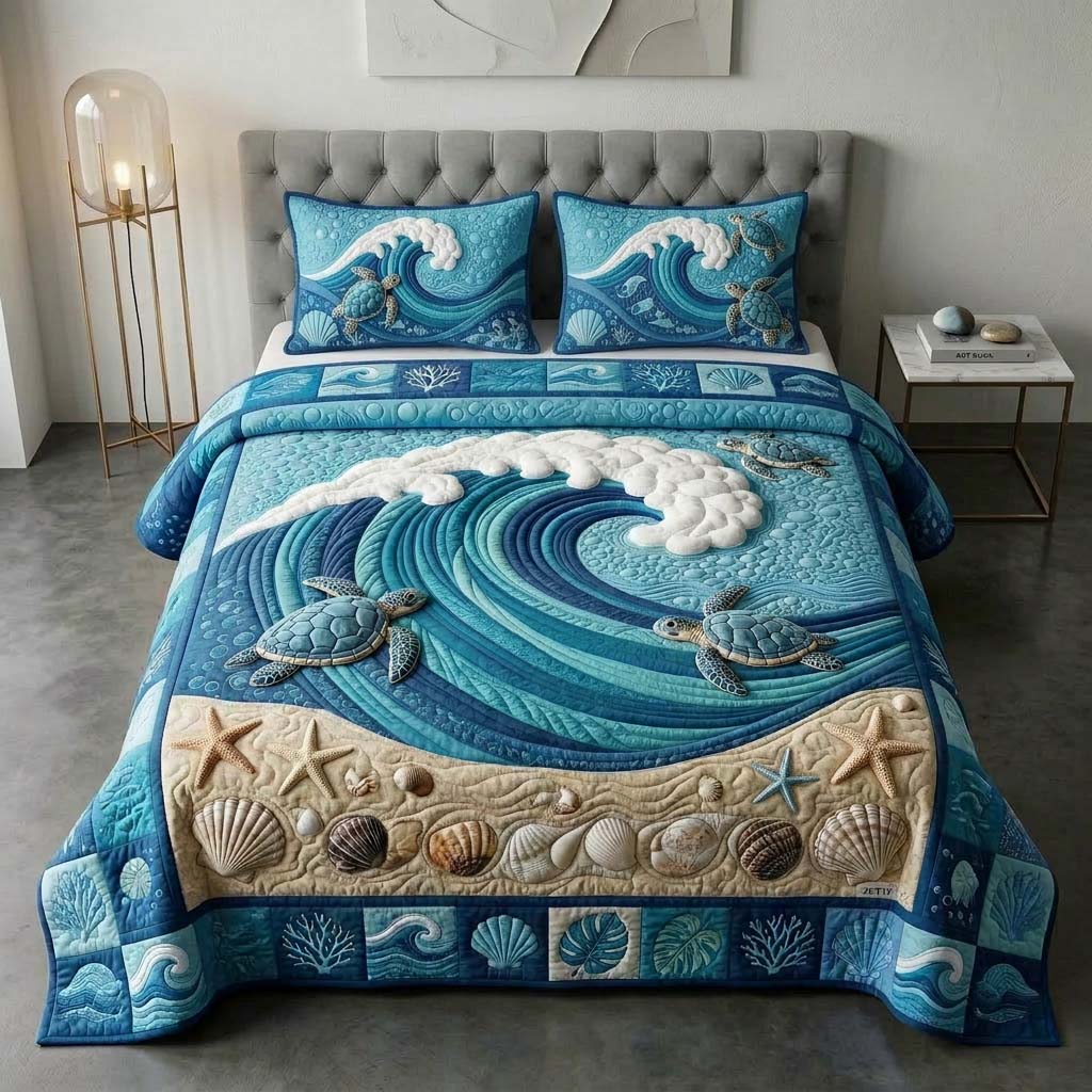 Wave Turtle Quilted Bedding Set Turtle Lover Coverlet Set Home Lover Gift