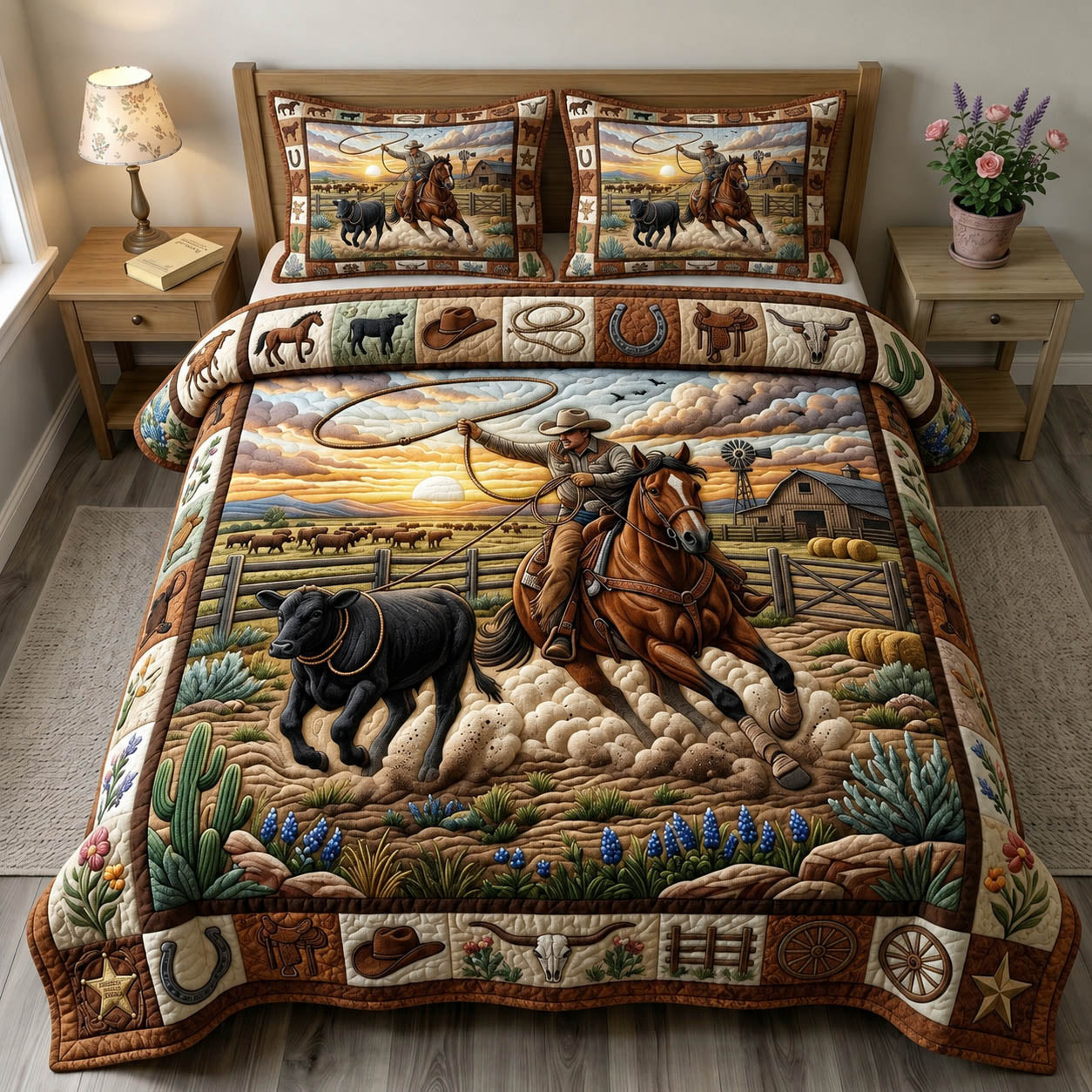 Western Cowboy Quilted Bedding Set Cow Lover Coverlet Set Room Gift