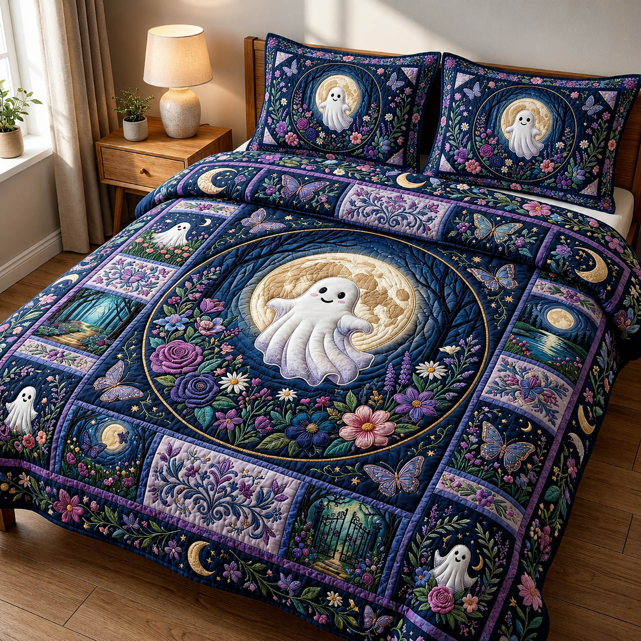 Whimsical Ghost Moon Quilted Bedding Set Halloween Haunt Coverlet Set Great Gift
