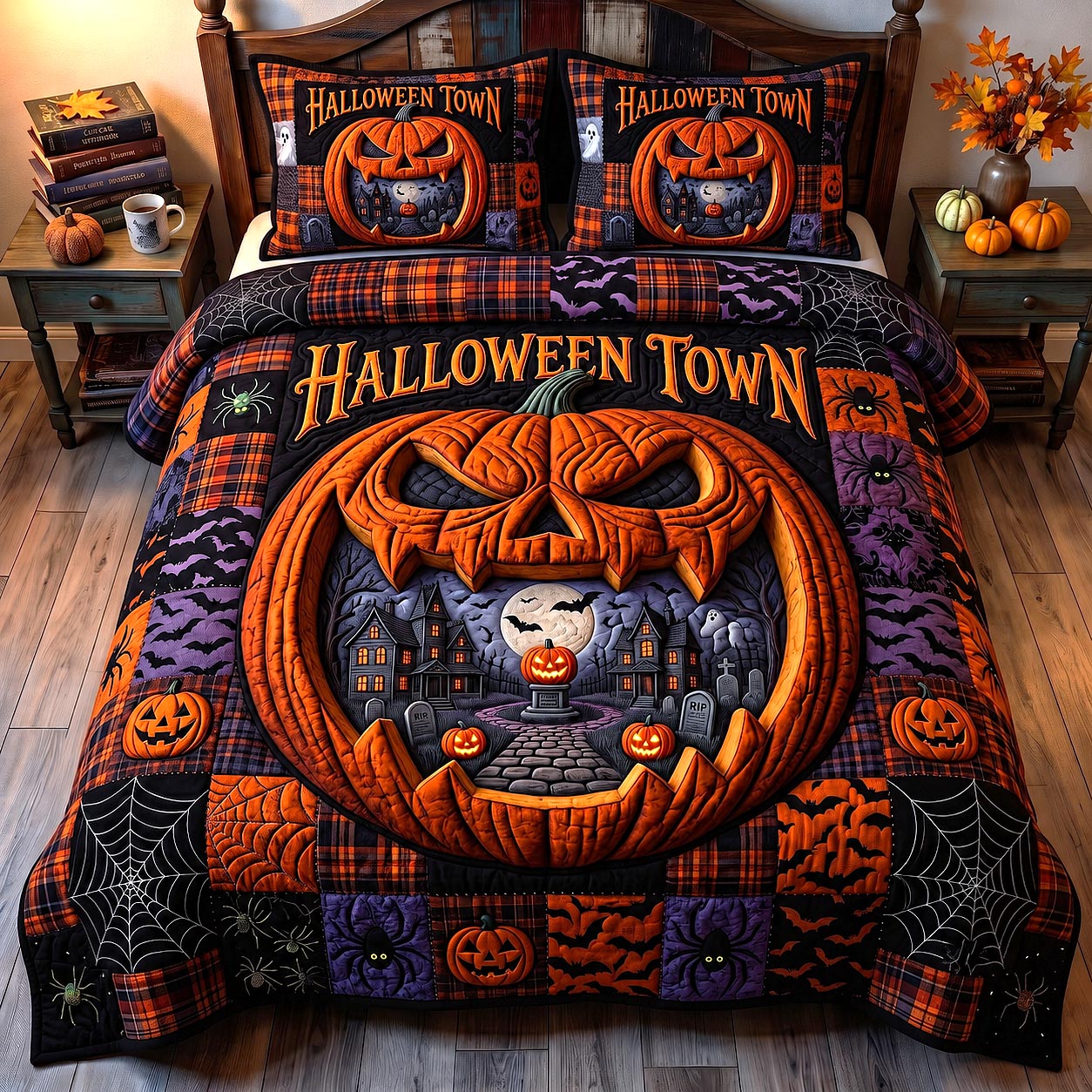 Wicked Village Quilted Bedding Set Halloween Haunt Coverlet Set Home Gift For Her