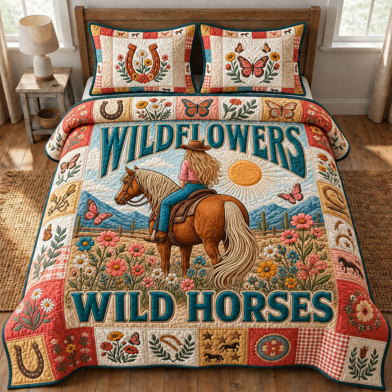 Wild Horses Wild Flowers Quilted Bedding Set Horse Lover Coverlet Set Room Gift For Him