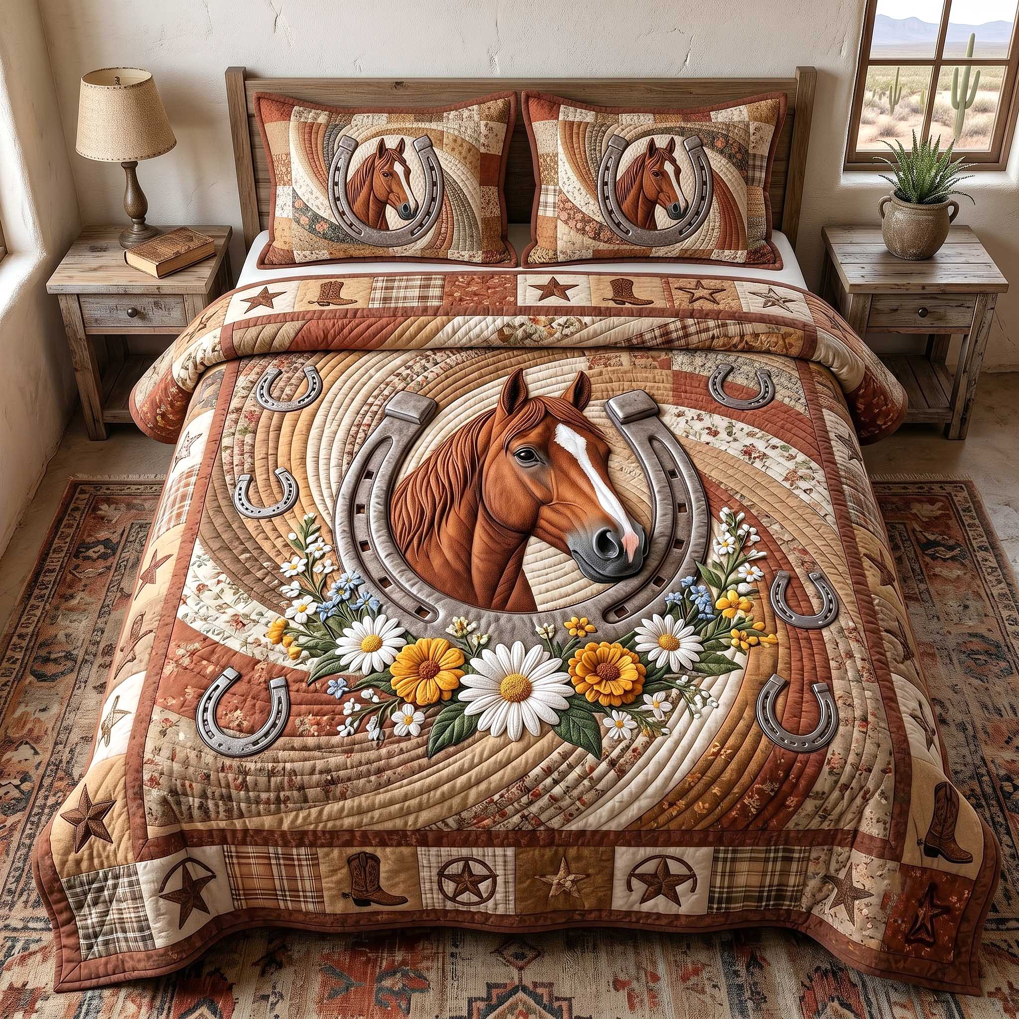 Wild West Horseshoe Quilted Bedding Set Horse Lover Coverlet Set Best Room Decor Gifts