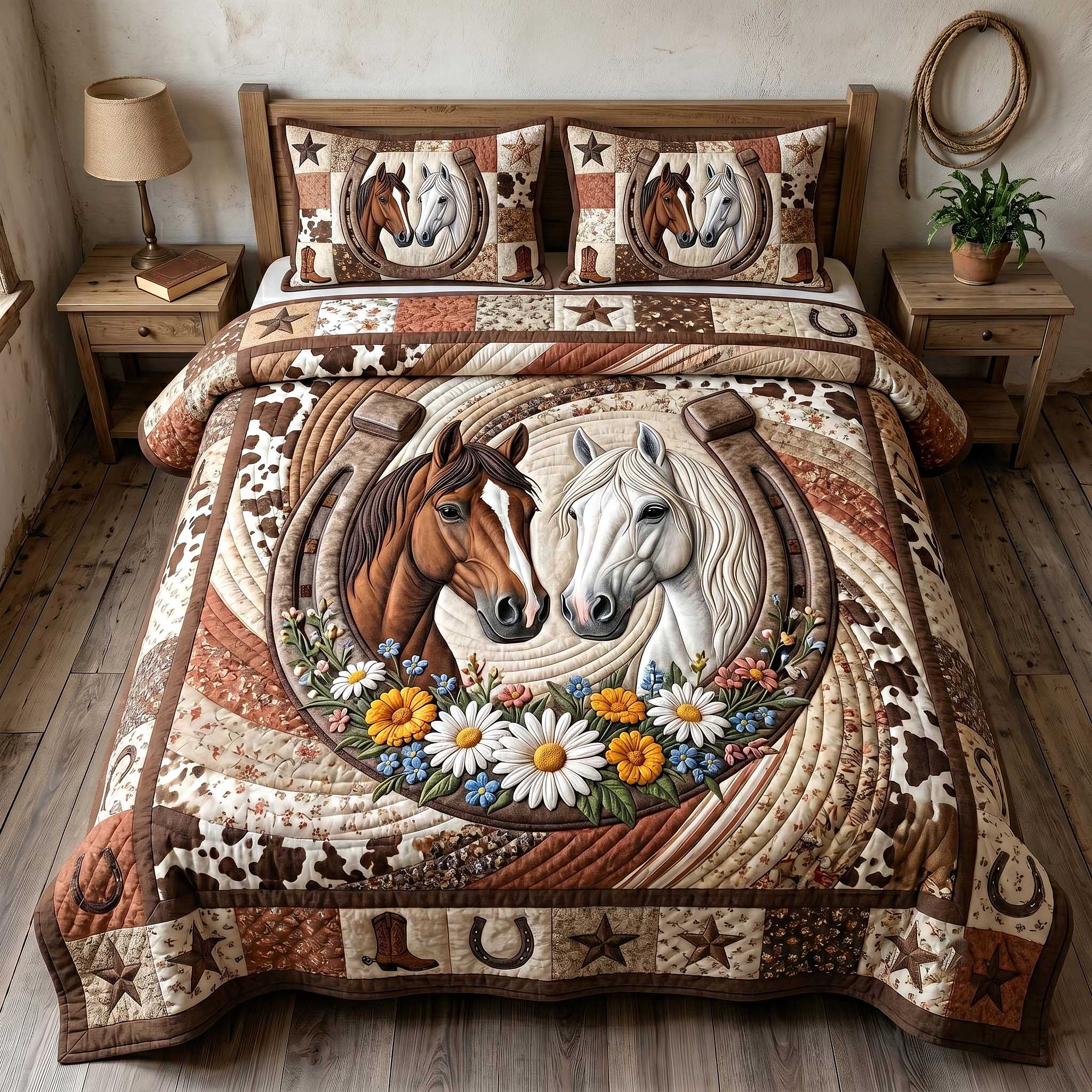 Wild West Horseshoe Quilted Bedding Set Horse Lover Coverlet Set Cute Room Decor Gifts
