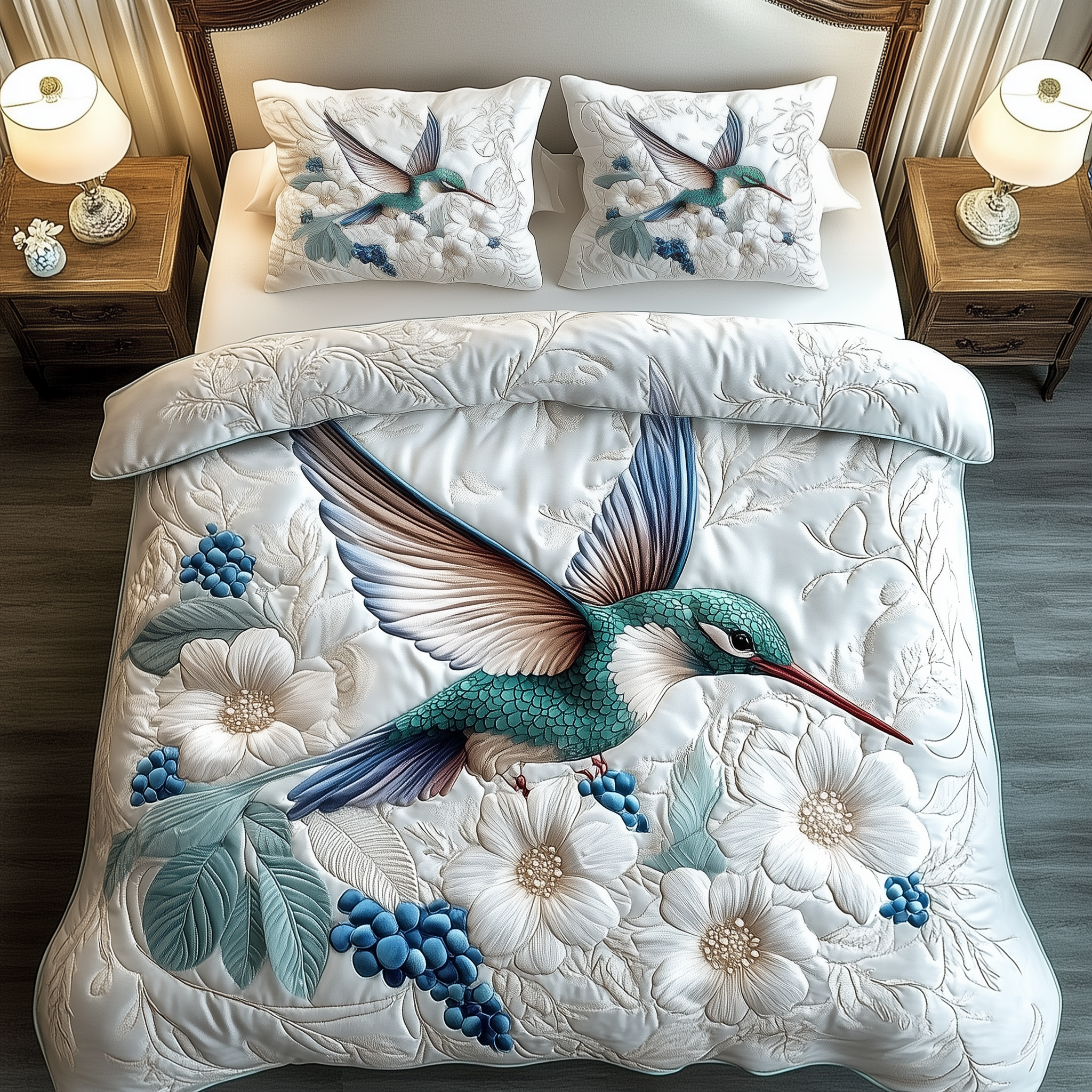 Winter Hummingbird Quilted Bedding Set Hummingbird Lover Coverlet Set Gift For Home Decorators