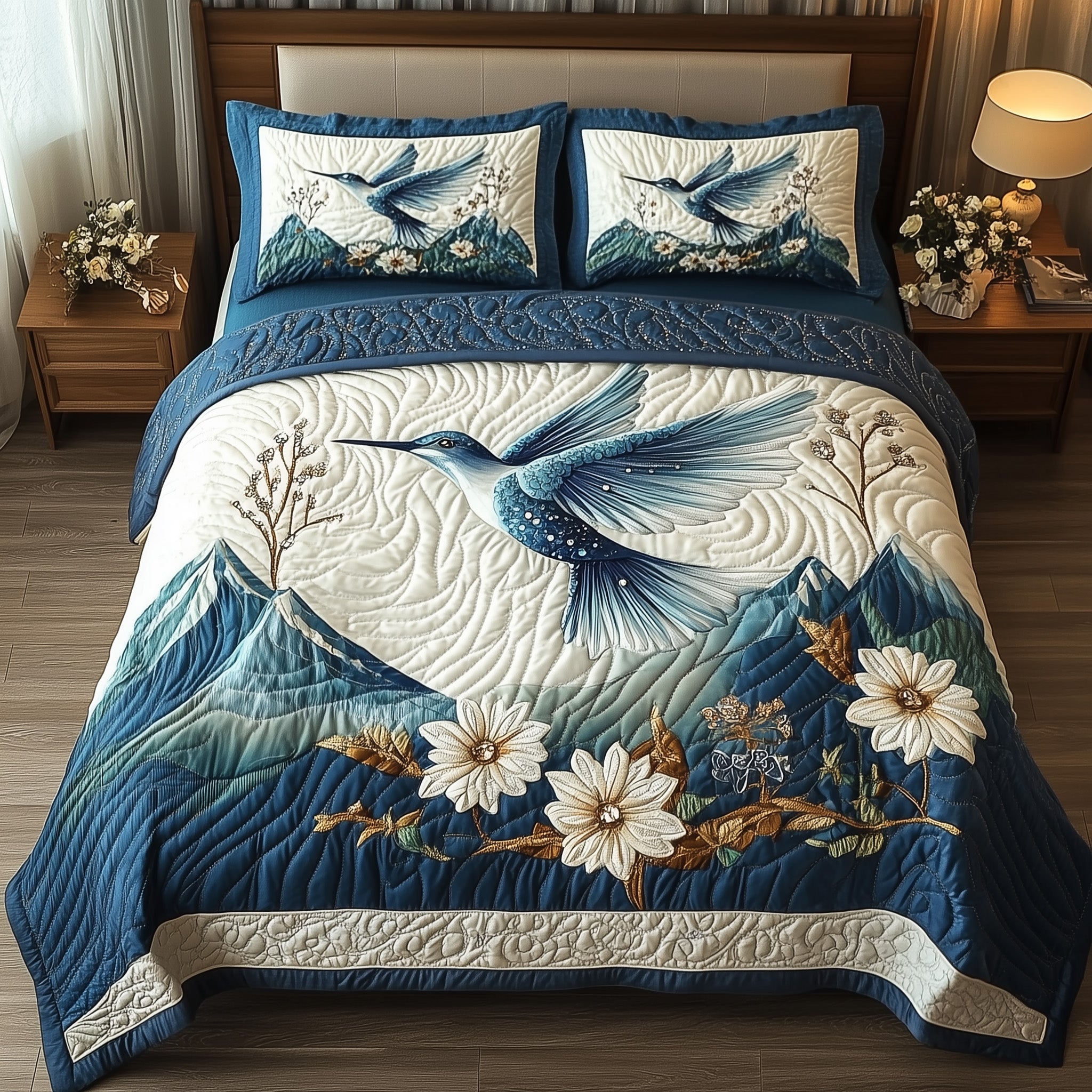 Winter Hummingbird Quilted Bedding Set Hummingbird Lover Coverlet Set Gift For Room Decor