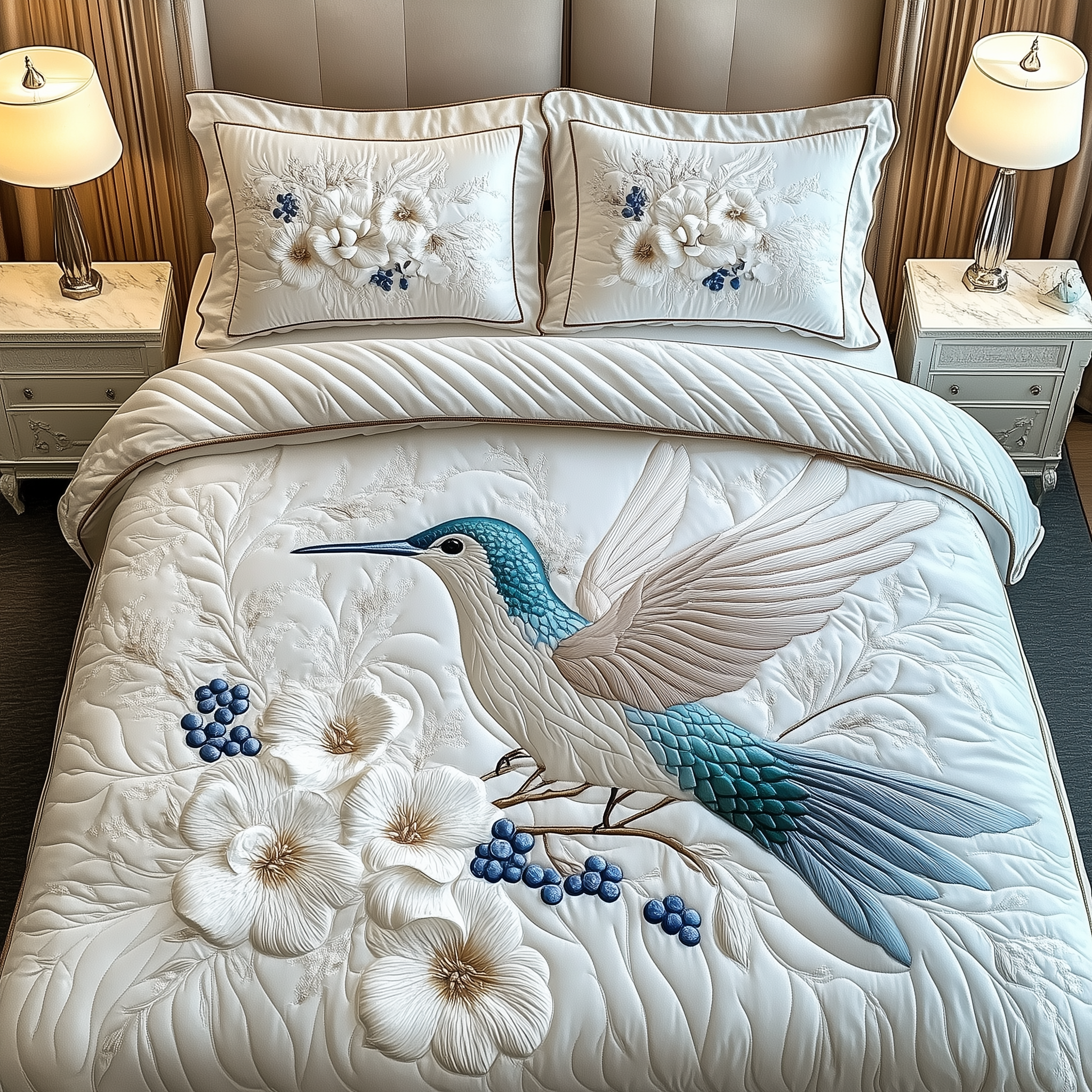 Winter Hummingbird Quilted Bedding Set Hummingbird Lover Coverlet Set House Lover Gift Ideas