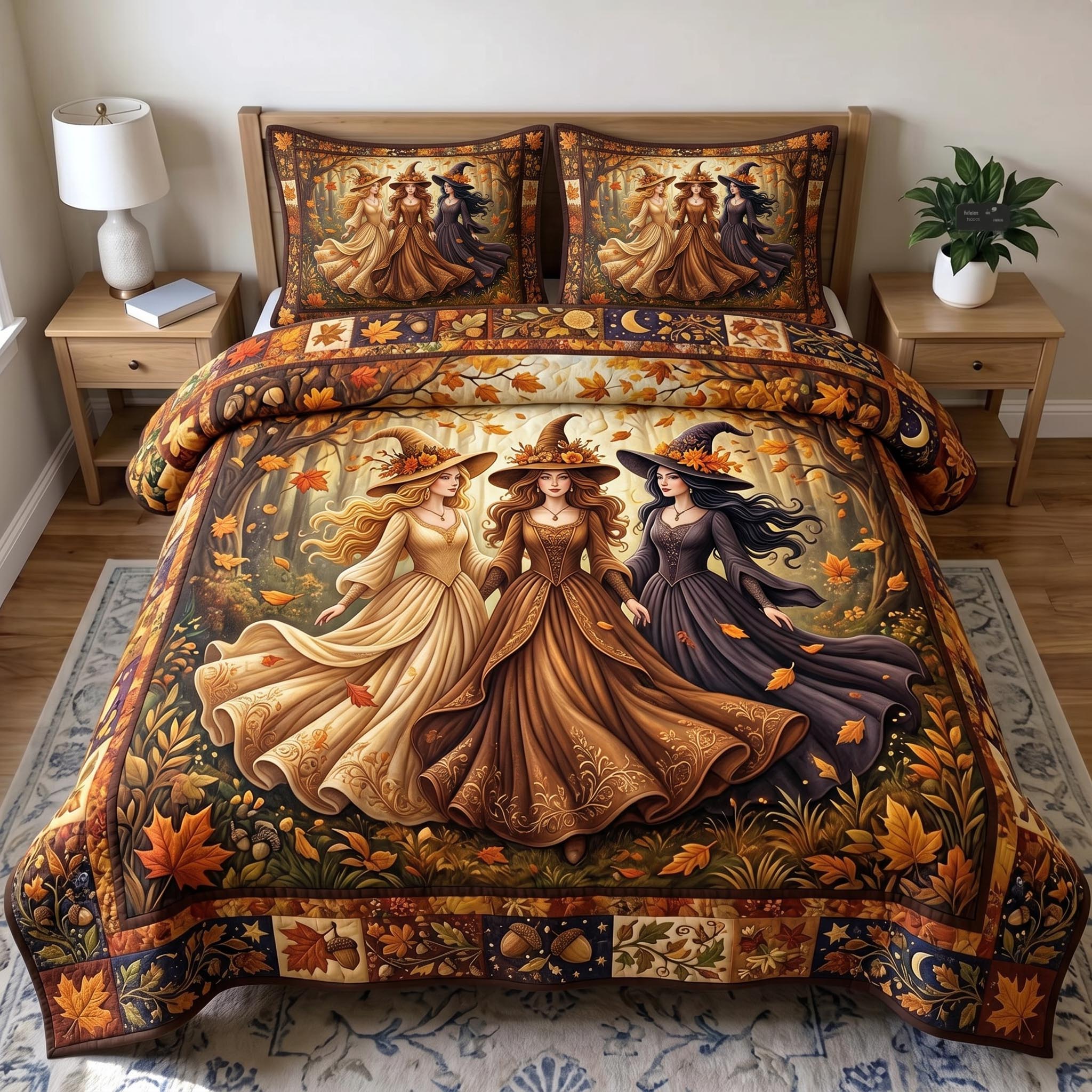 Witches Coven Quilted Bedding Set Witch Halloween Coverlet Set Cool Room Decor Gifts