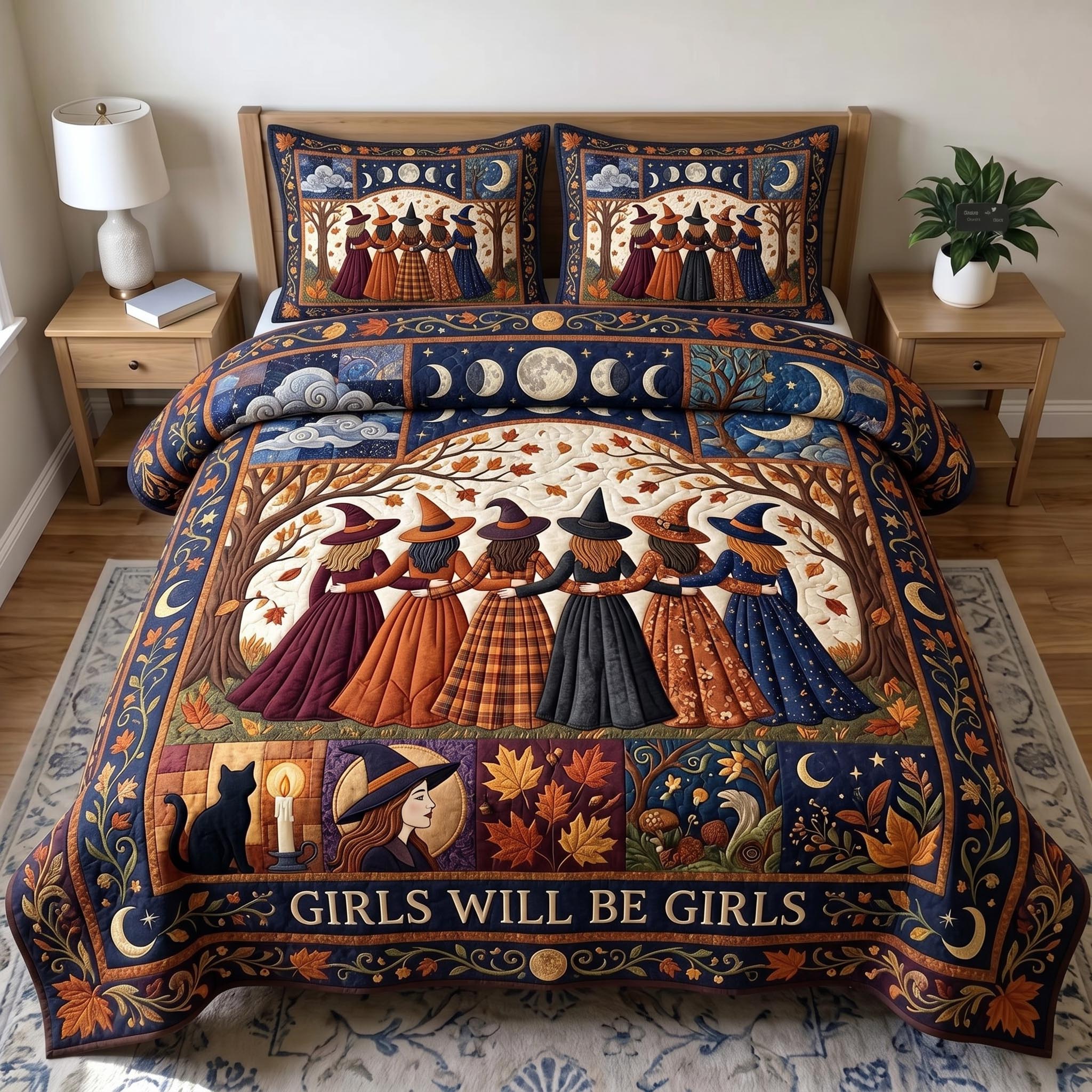 Witches Coven Quilted Bedding Set Witch Halloween Coverlet Set Unique Home Decor Gifts