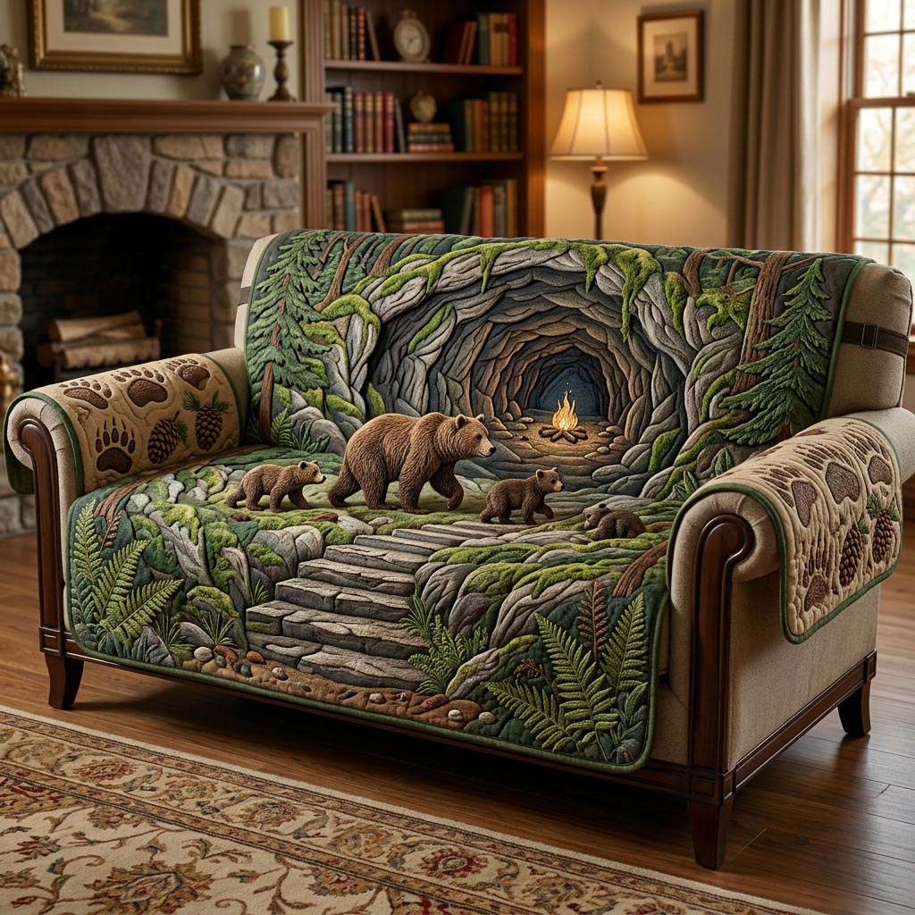 Woodland Bear Quilted Sofa Cover Forest Escape Quilted Couch Cover Cool Gift
