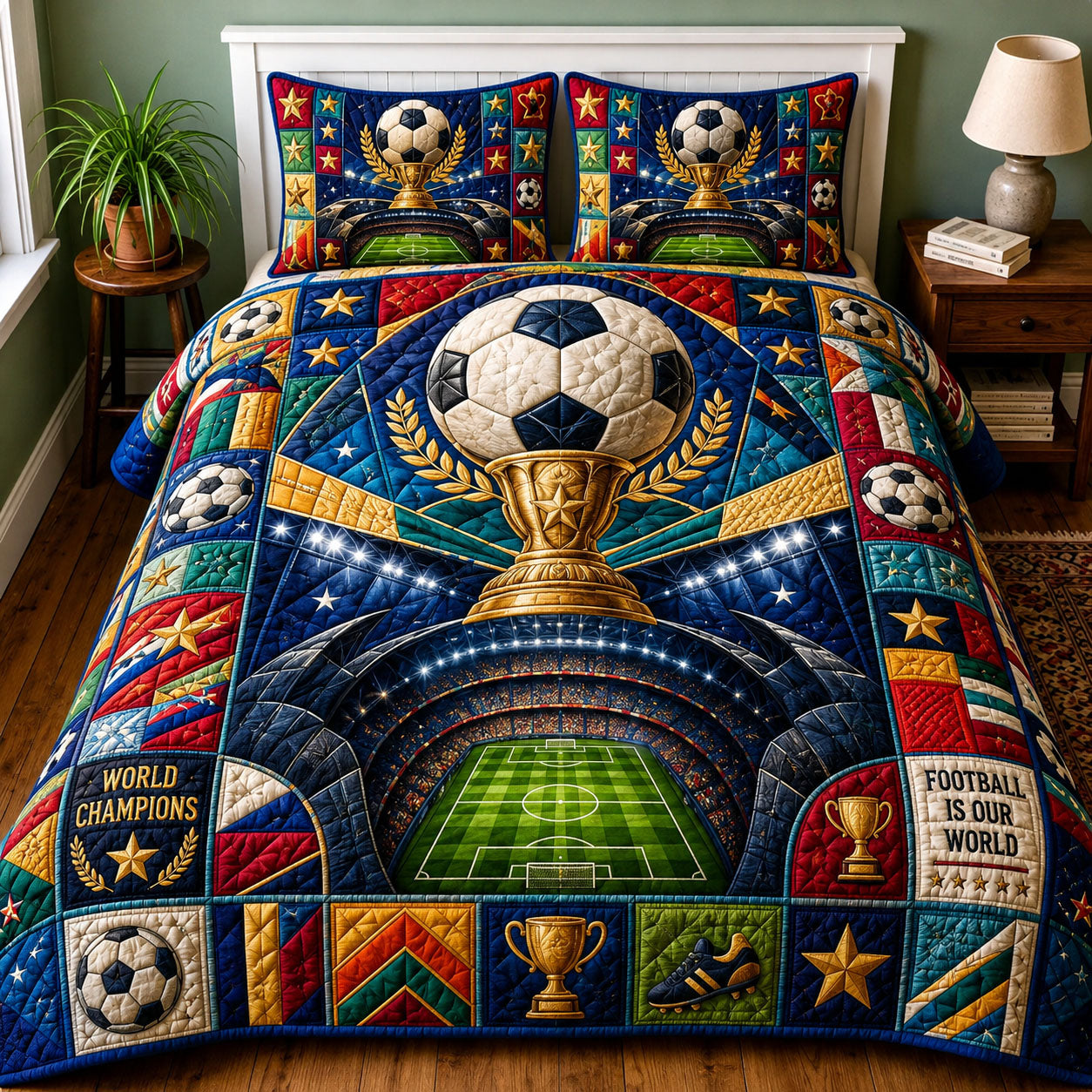World Champions Soccer Trophy Quilted Bedding Set Soccer Fan Coverlet Set Present
