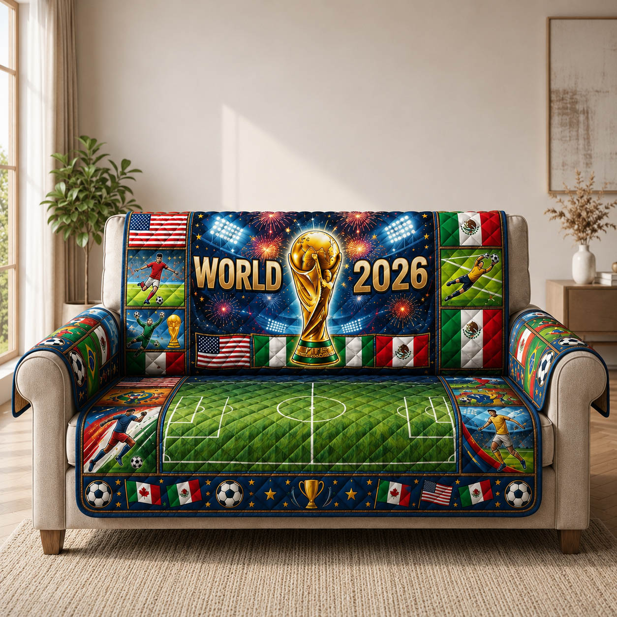 World Cup 2026 Quilted Sofa Cover Championship Spirit Quilted Couch Cover Gift For Cozy Spaces