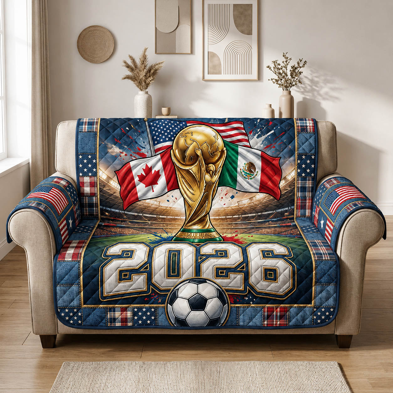 World Cup 2026 Quilted Sofa Cover Global Soccer Quilted Couch Cover Gifts For Living Rooms