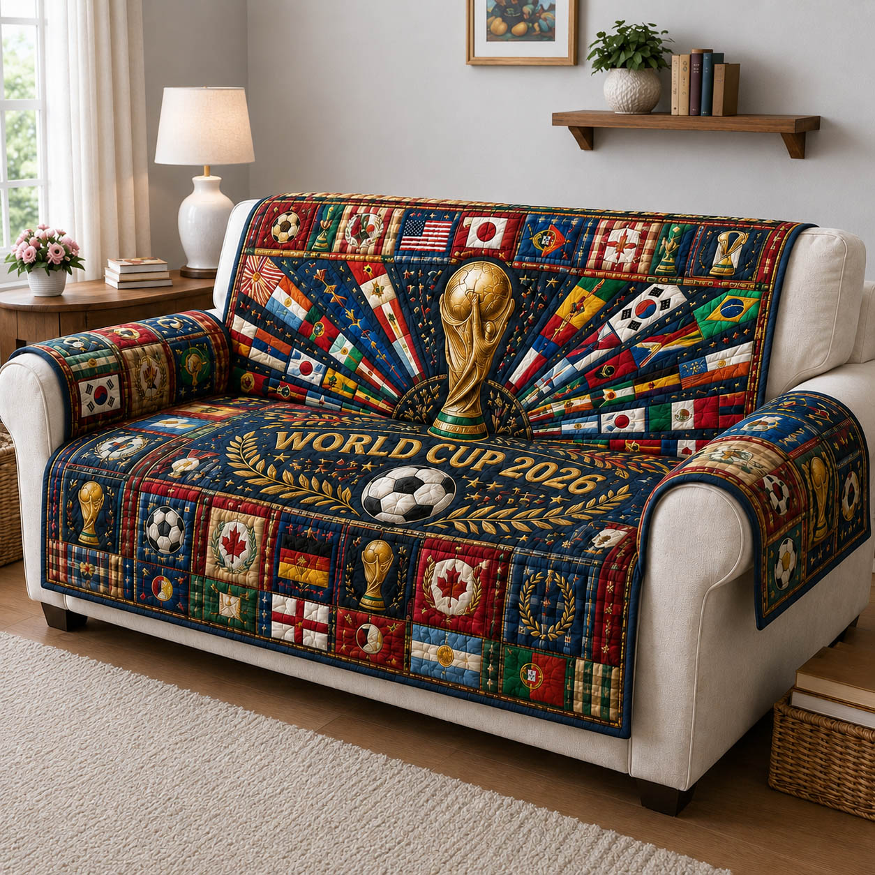 World Cup 2026 Quilted Sofa Cover Global Soccer Quilted Couch Cover Vintage Gift