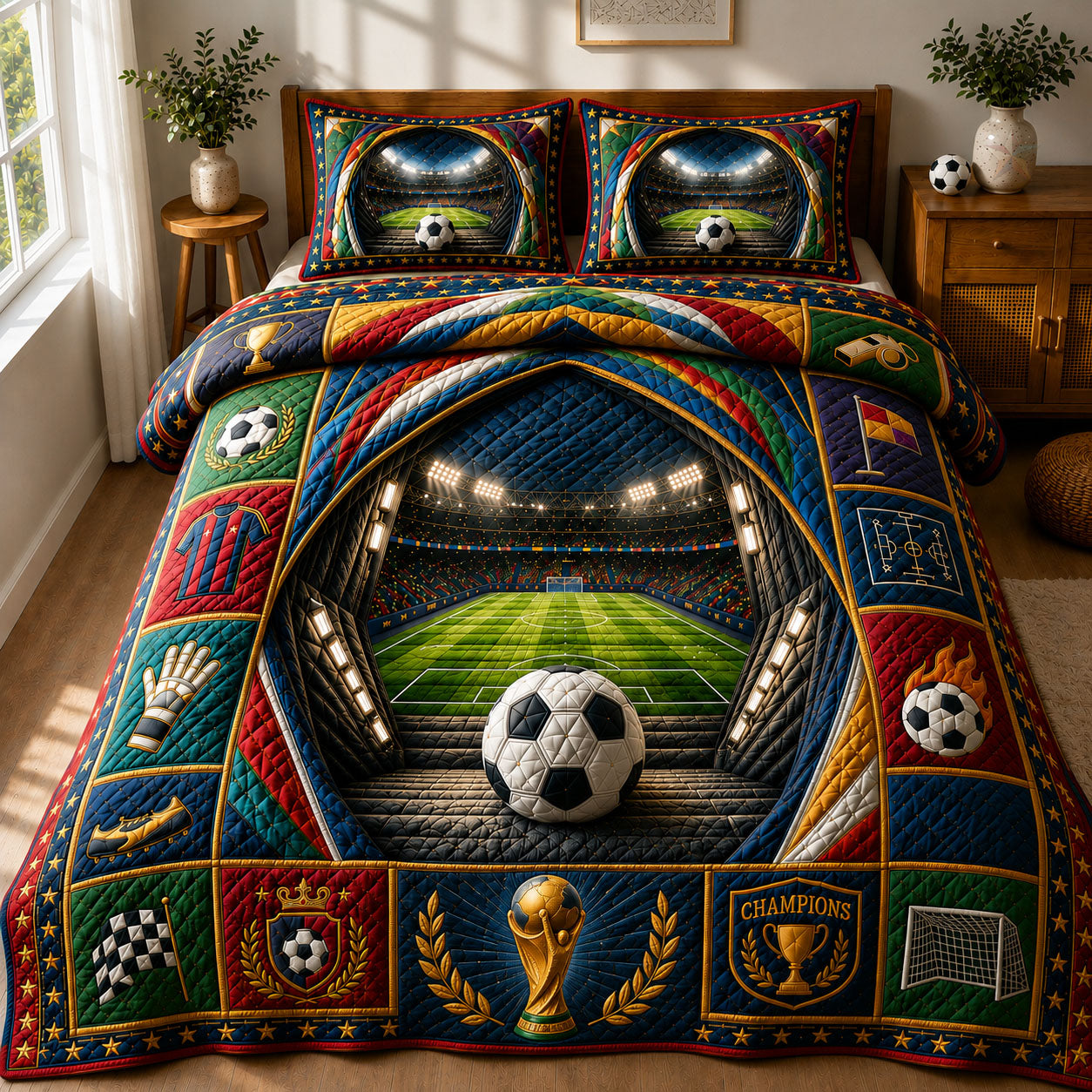 World Cup Champion Arena Quilted Bedding Set Soccer Fan Coverlet Set New Home Gift