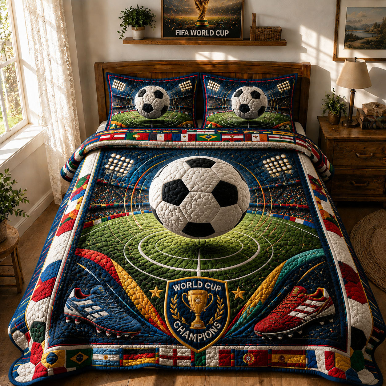 World Cup Victory Quilted Bedding Set Soccer Fan Coverlet Set Perfect Housewarming Gift Ideas