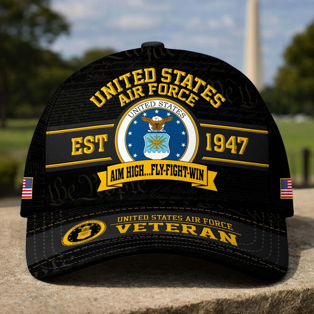 US Air Force Veteran Est 1947 Emblem Baseball Hat Patriotic Military Merch Fathers Day Gifts