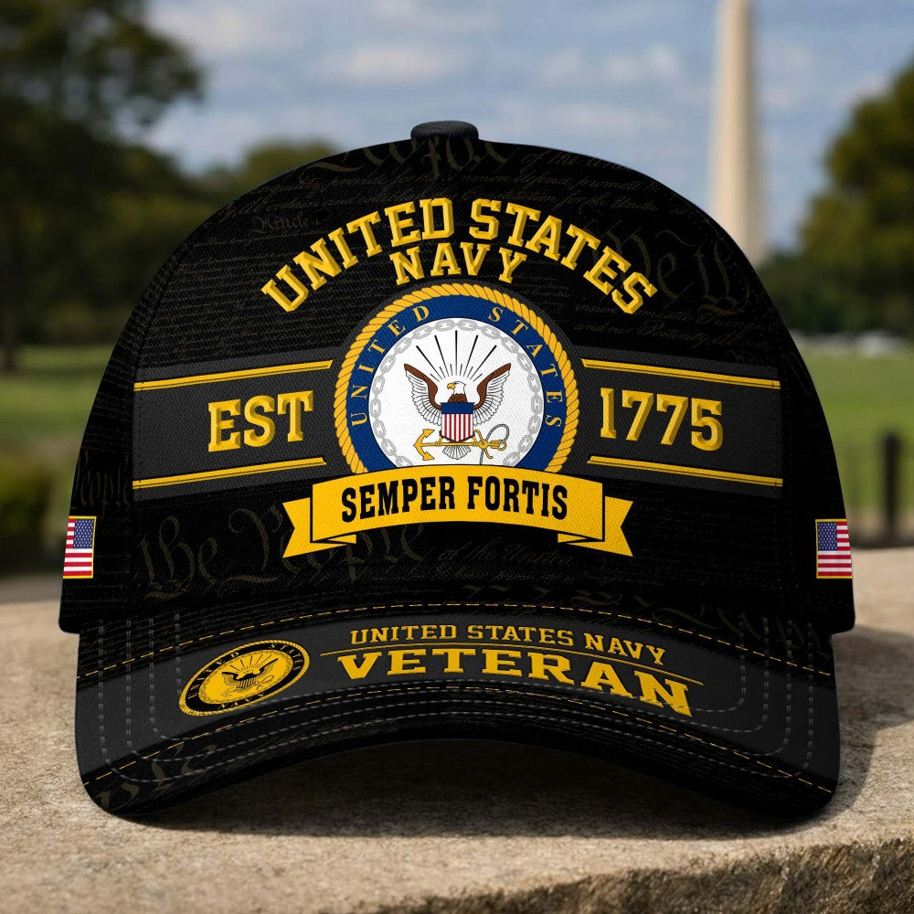 US Navy Veteran Est 1775 Semper Fortis Emblem Baseball Hat Veterans Day Merch Fathers Day Gifts